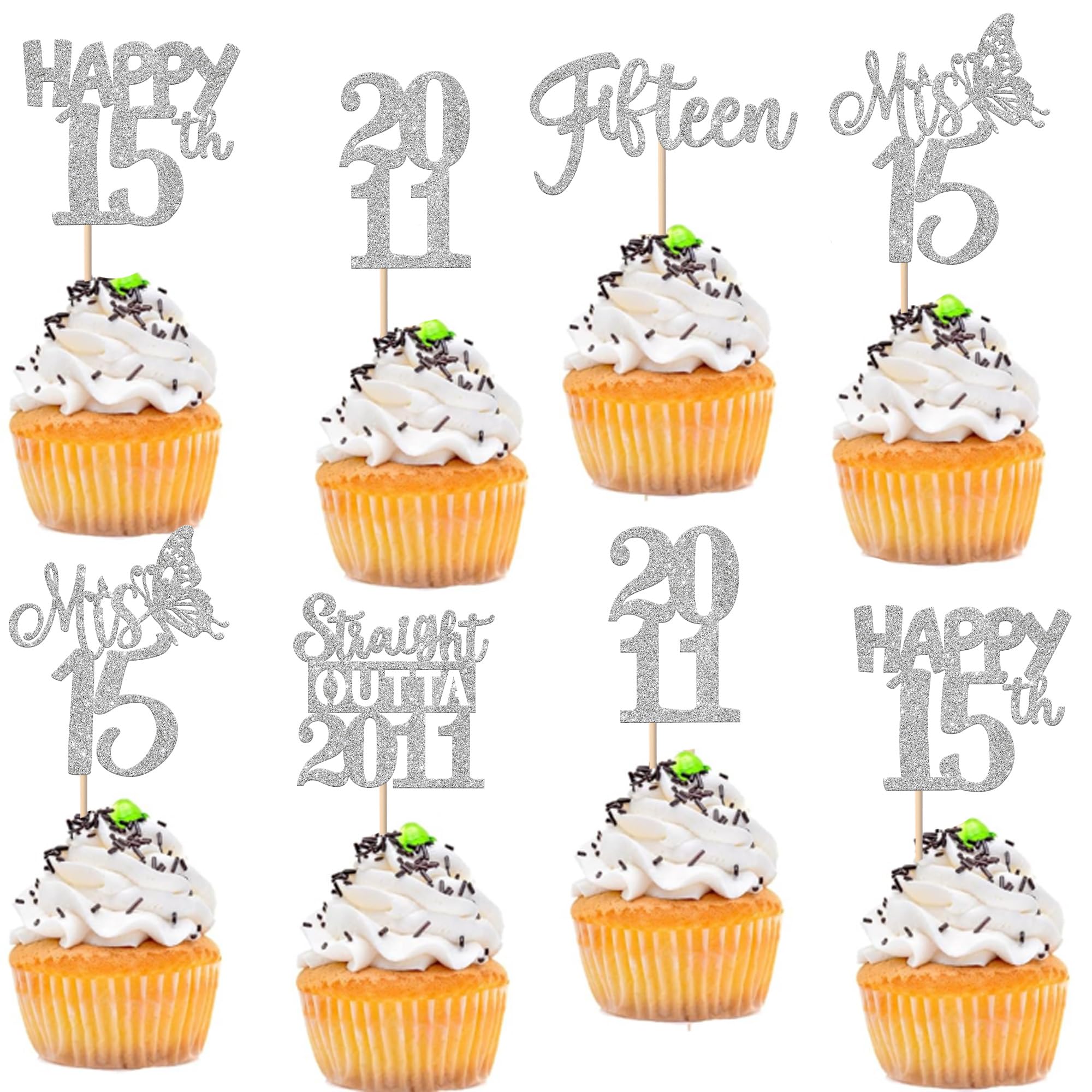 Xsstarmi 30 Pack Happy 15th Birthday Cupcake Toppers Silver Glitter Mis 15 Straight Outta 2011 Cupcake Picks for Cheers to 15 Years 15th Birthday Anniversary Party Cake Decorations