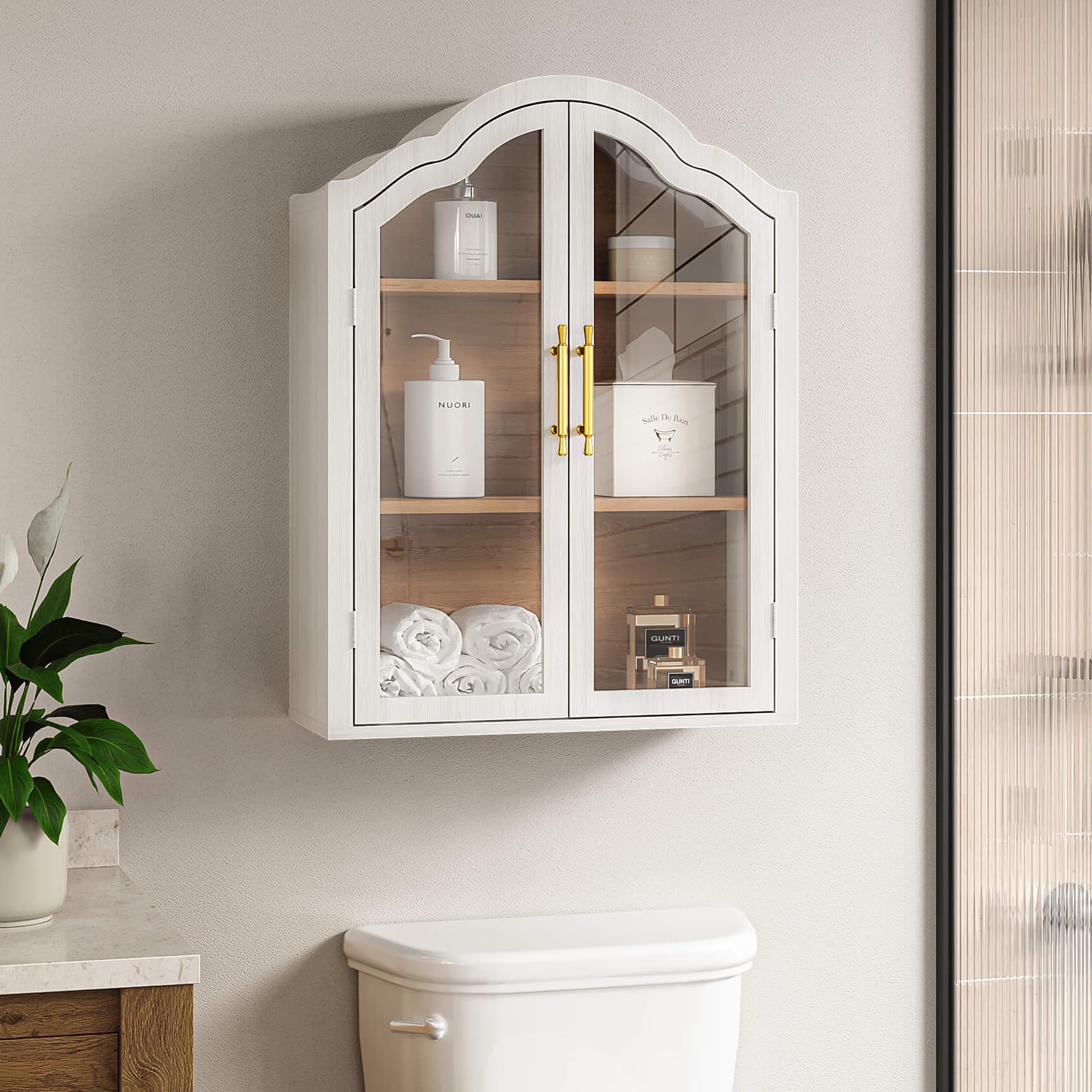 FIMELLO 23.6’’W Wave Design Arched Wall Cabinet, Bathroom Cabinet with Glass Doors Adjustable Shelf, Above Toilet Cabinet, Kitchen Wall Cabinet, Wall Bookshelf, White Grain ( Similar to one in stock)