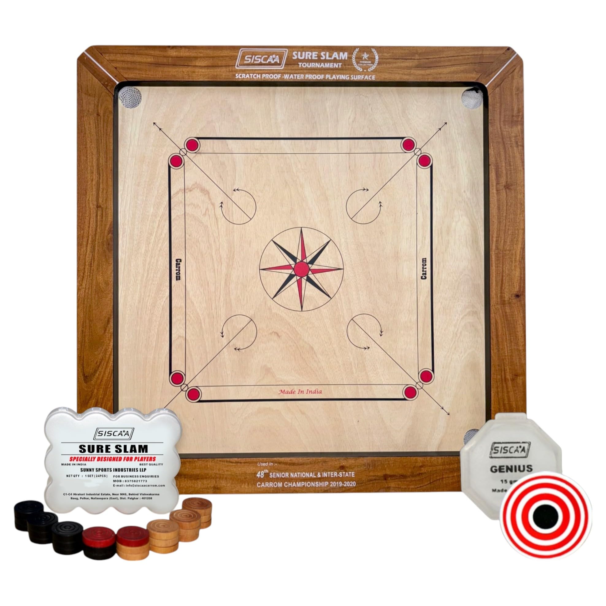 Sportz Saga Siscaa Tournament Sureslam Carrom Board - Premium Indian Ply - Includes Sure Slam Coin, Genius Striker, Top Cover, 30gm Powder - Siscaa Carrom Board Full Size 35 inch for Champions