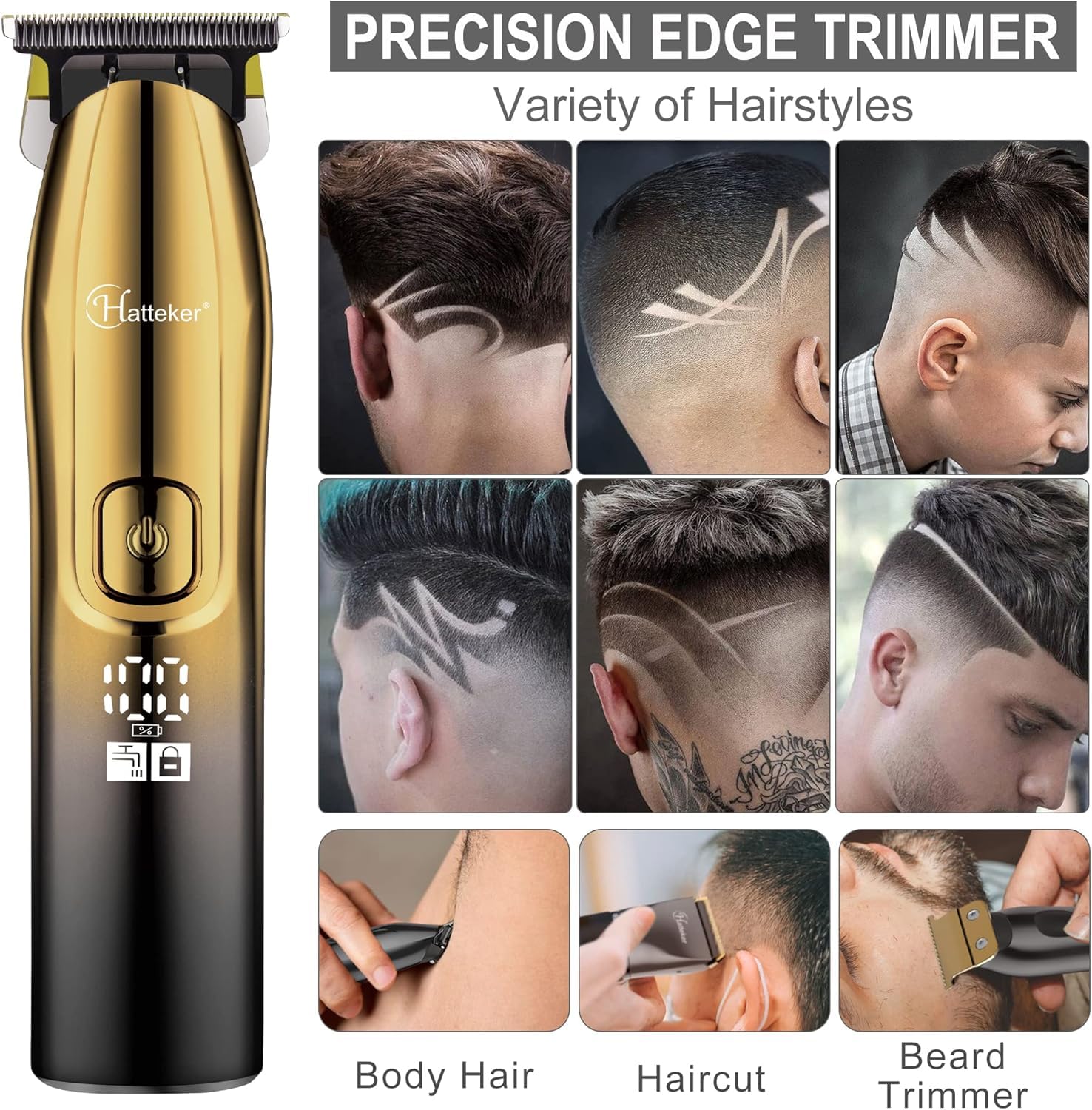 Hatteker Profi Haarschneidemaschine Set Haarschneider Pflegesets Barttrimmer Bartschneider Herren T-förmiger Trimmerkopf T-blade Trimmer Präzisionstrimmer IPX7 Wasserdicht （golden）