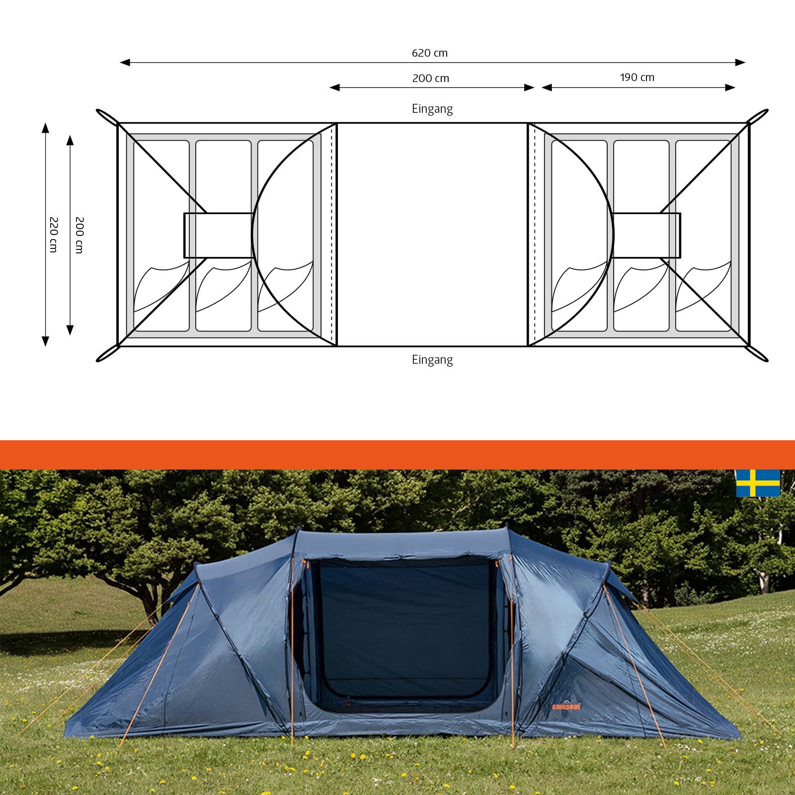 Campout 6-Personen Vis-à-Vis Kuppelzelt – 2 Schlafkabinen – 5000 mm Wassersäule – Wohnbereich – Aufbauzeit 15 Min – inkl. Vordachstangen, Heringen & Tragetasche