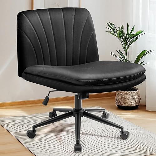 NEO Chair Silla cruzada con ruedas, escritorio de oficina con patas cruzadas sin brazos, silla de maquillaje ancha y cómoda, ajustable, giratoria,