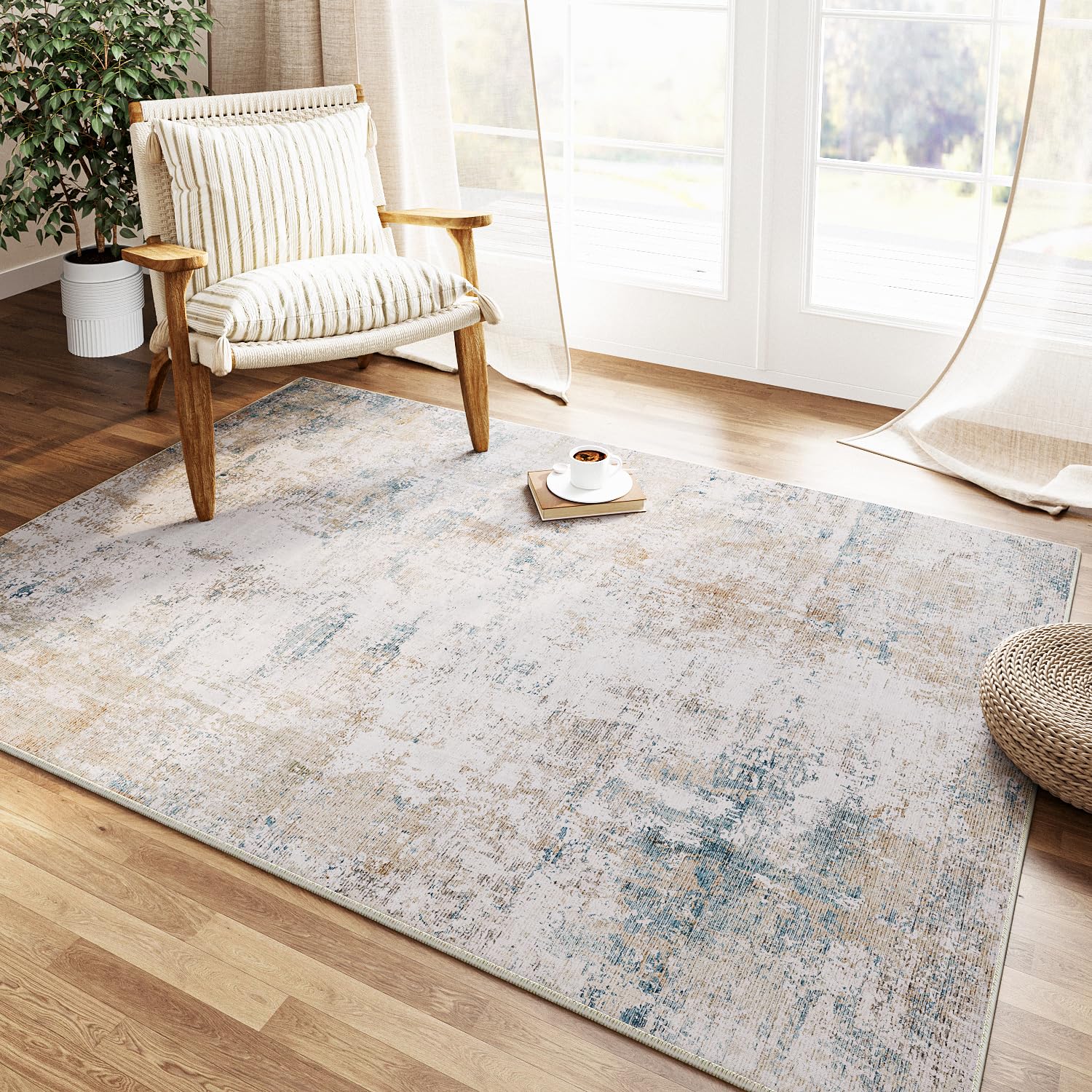 HUGEAR Washable Rugs Living Room Rug 90x150cm Beige Blue Non Slip Abstract Natural Neutral Modern Large Carpet Bedroom Kitchen Hall Lounge Bedside Low Pile Carpets — image 1