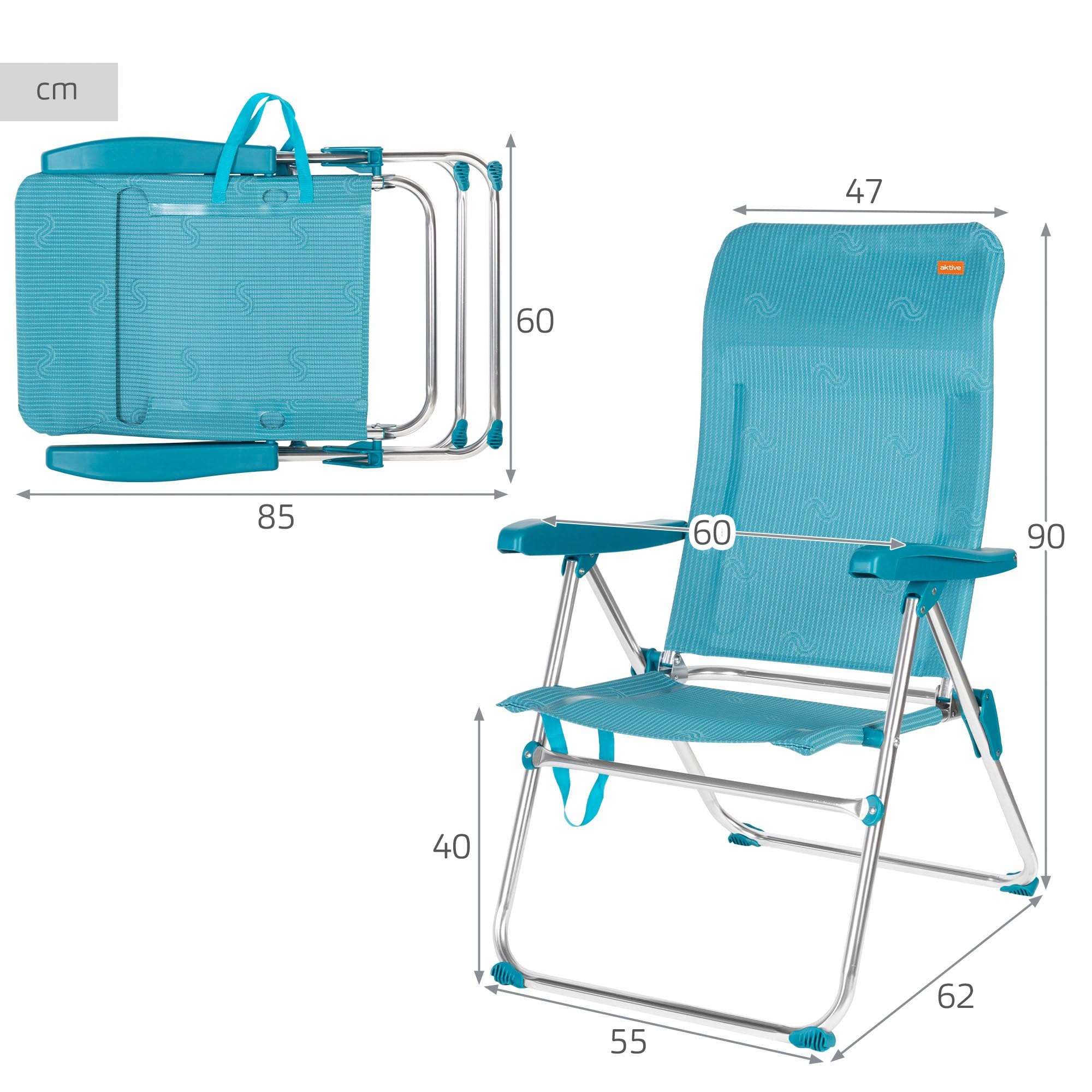 AKTIVE Silla de Playa Plegable, 5 Posiciones, Color Azul, Mide 47x62x95 cm, Soporta 110 kg, Topes antivuelco, Asas de Transporte, Sillas Respaldo reclinable (62467)
