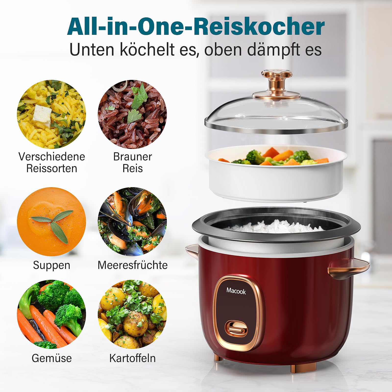 Macook Reiskocher & Dampfgarer mit Antihaft-Innentopf - 1L, Burgunderrot - Für 1-5 Personen - Schnelle Zubereitung ohne Anbrennen - Mit Warmhaltefunktion inkl. Dämpfeinsatz, Löffel & Messbecher