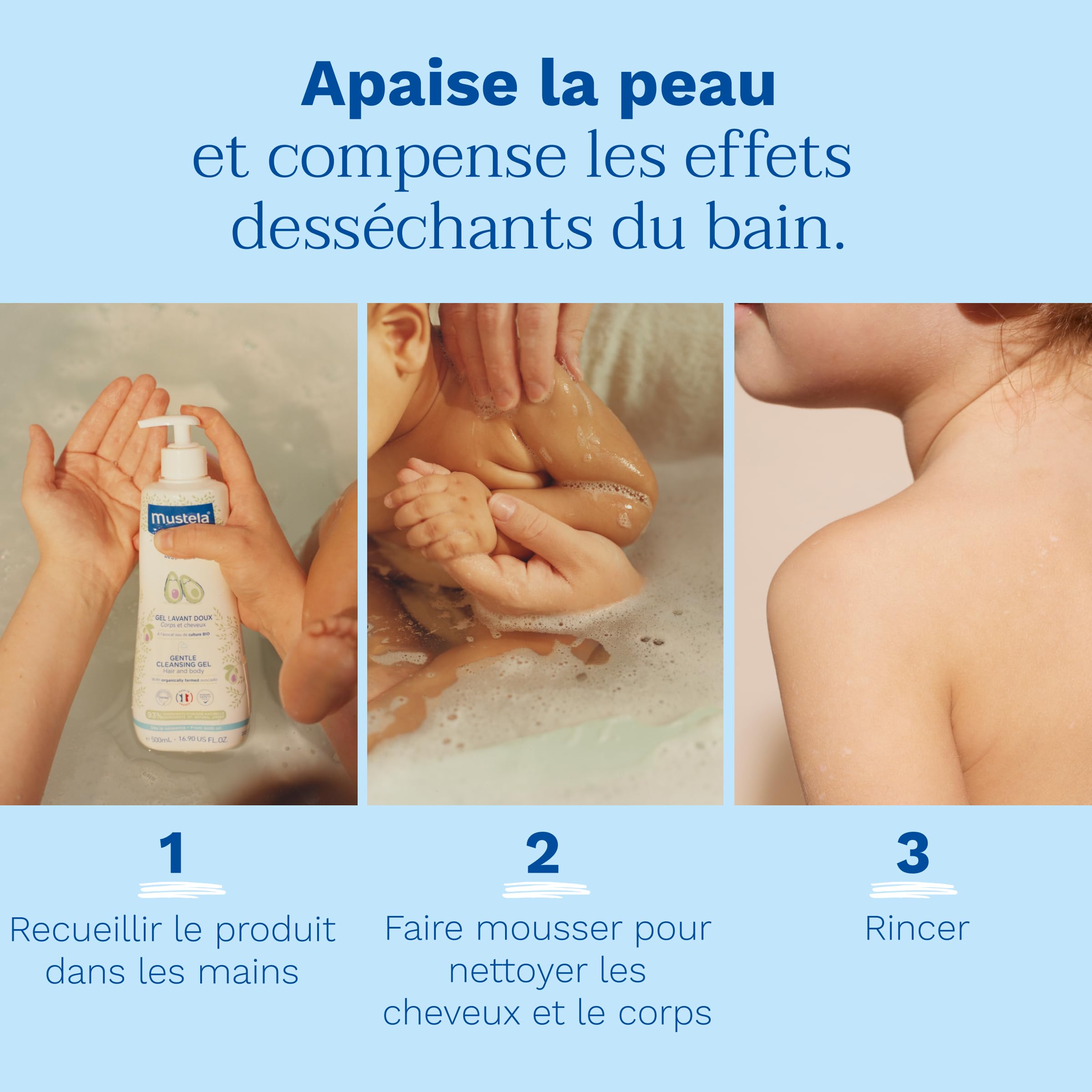 Mustela - Gel Lavant Bébé Doux - Produit Bébé Apaisant à l'Avocat BIO pour Corps et Cheveux - 93% d'Ingrédients d'Origine Naturelle - Peau Normale - Flacon Pompe Usage Quotidien - Haute Tolérance