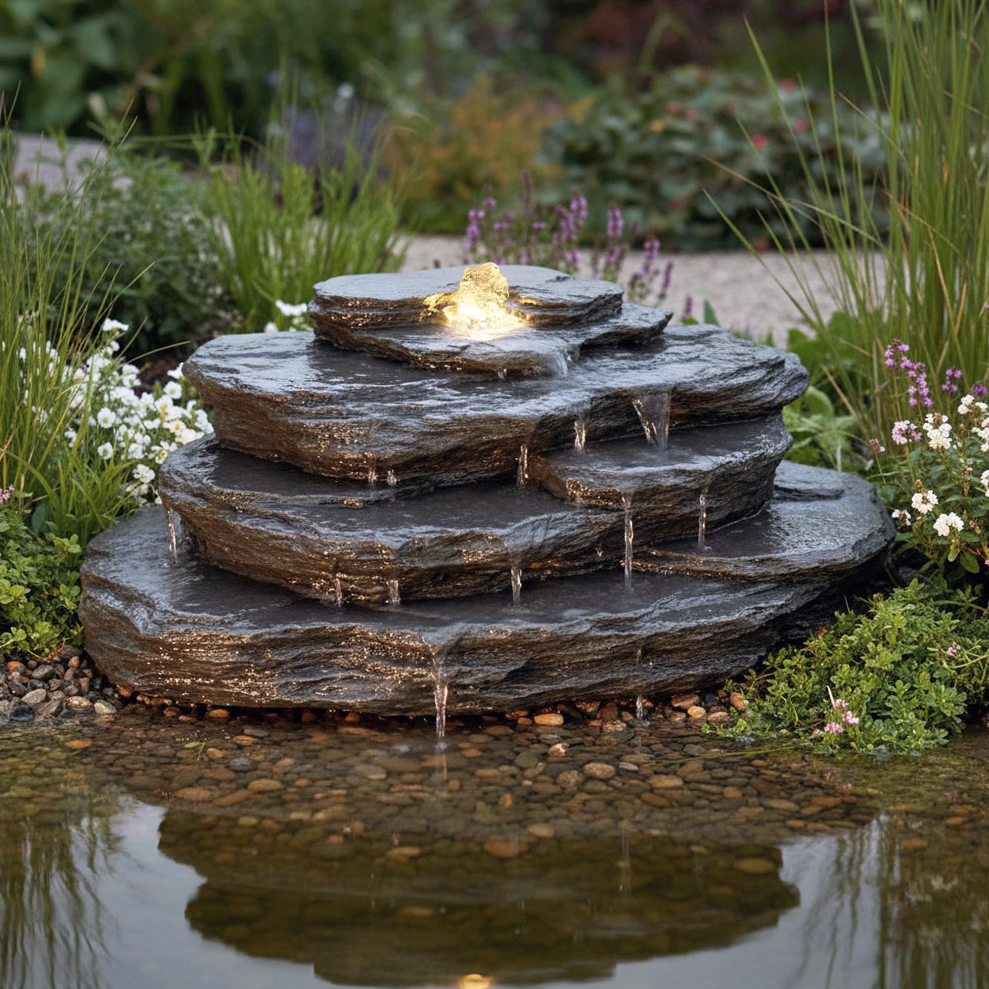Künstlicher Quellstein Felsen mit LED Beleuchtung OG-KQS002 Realistische Steinoptik, inkl. 2 m Schlauch – Wetterfest für Teich & Bachlauf Schiefer-Optik Springbrunnen Gartenbrunnen (OG-KQS002 + Pumpe)
