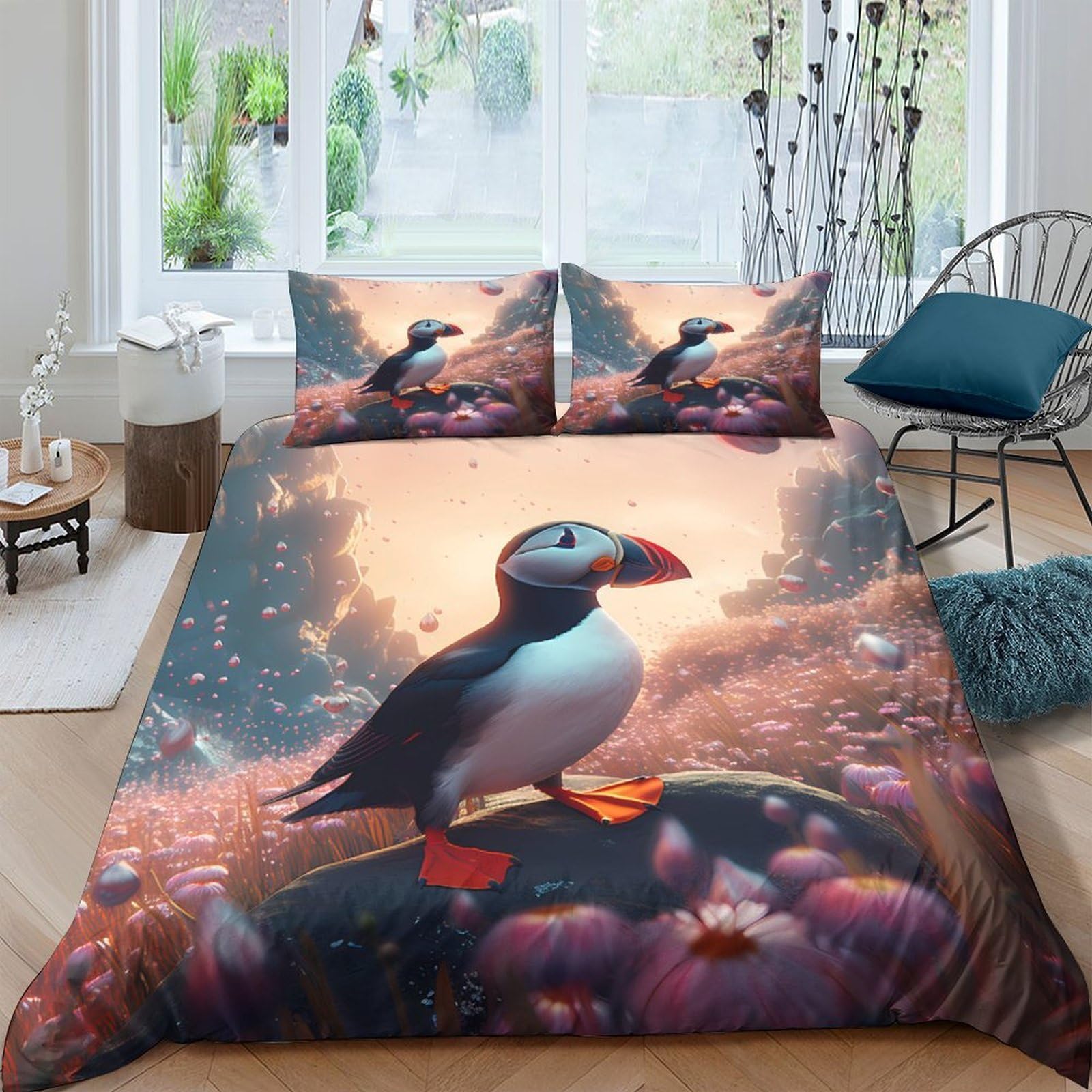 Ctjqhvkz Style-9 3D Printed Puffin Sunset Fitted Sheet Microfiber Soft Anti-Slip Ocean Landscape Mattress Cover Bedroom Decor Single（135X200cm）