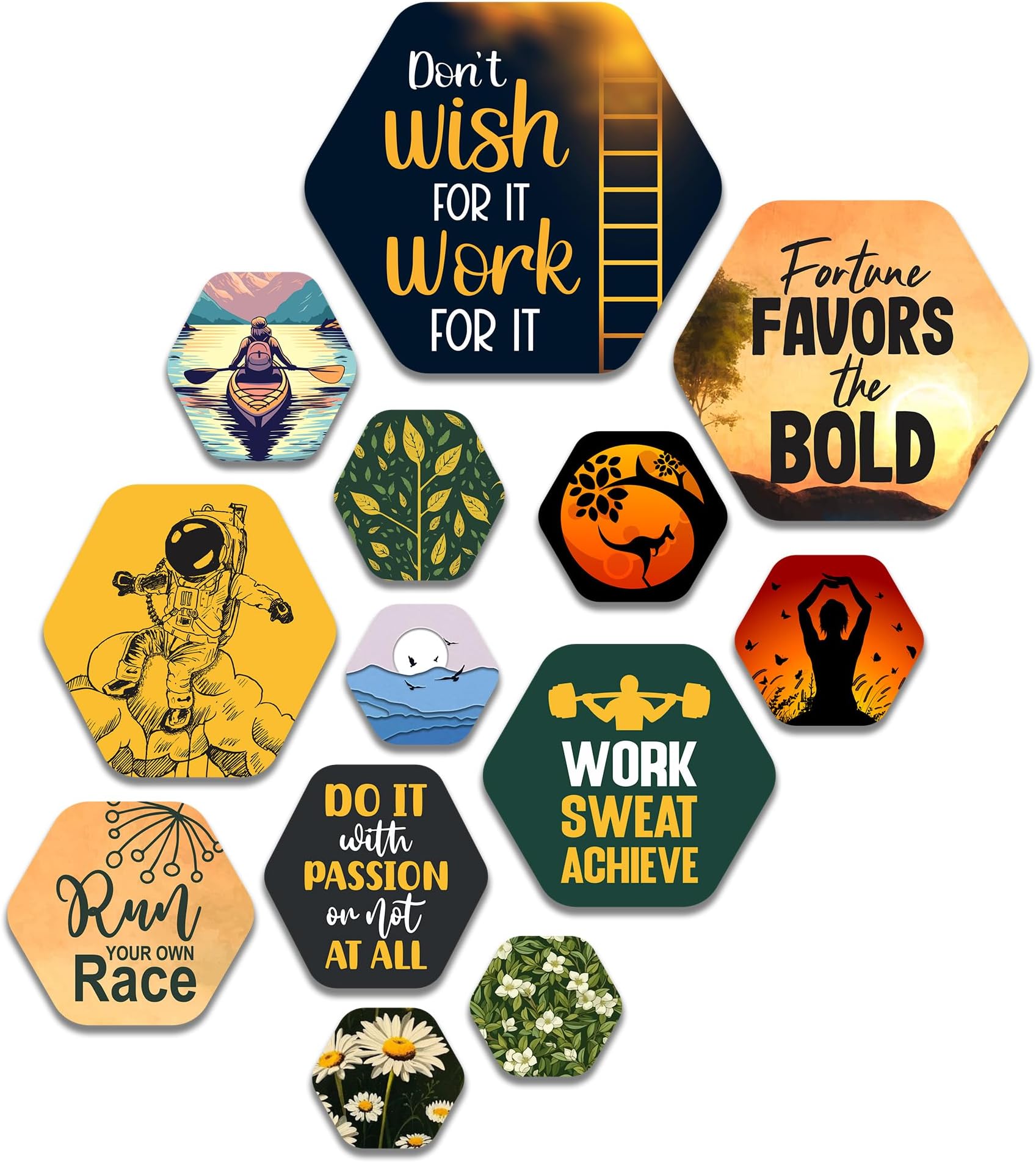 Artvibes Motivational Quotes Hexagon Shape MDF Wooden Wall Decor Items | Quotes Decor Item | Motivational Wall Decor | Wall Poster | Gift Items | Office Wall Decoration Items (WPS_223N), Set of 13