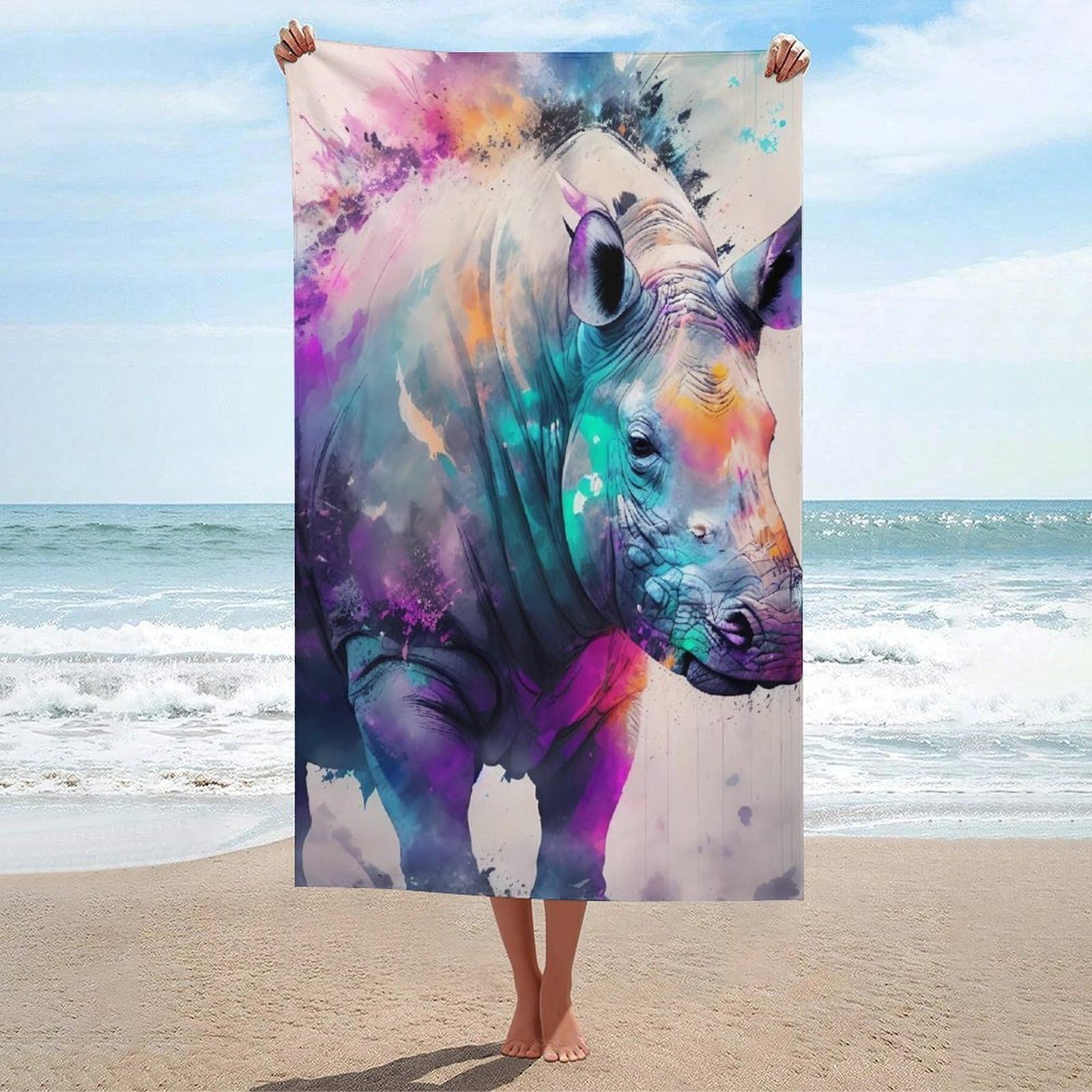 Serviette de plage pour le camping et les activités de plein air motif rhino 130x80