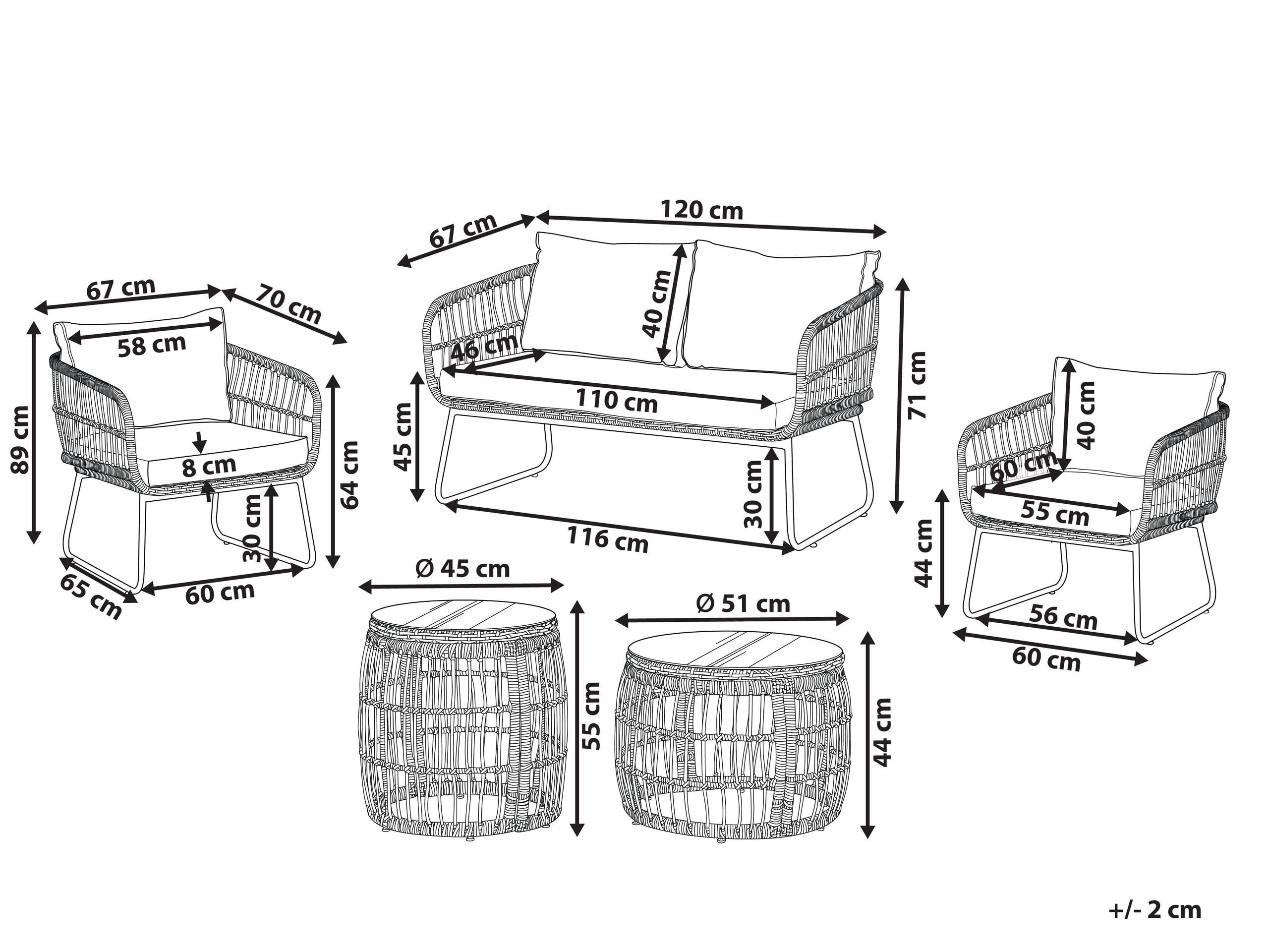 Beliani Stilvolles Gartenmöbel Set Polyrattan mit Auflagen in Beige Ravello
