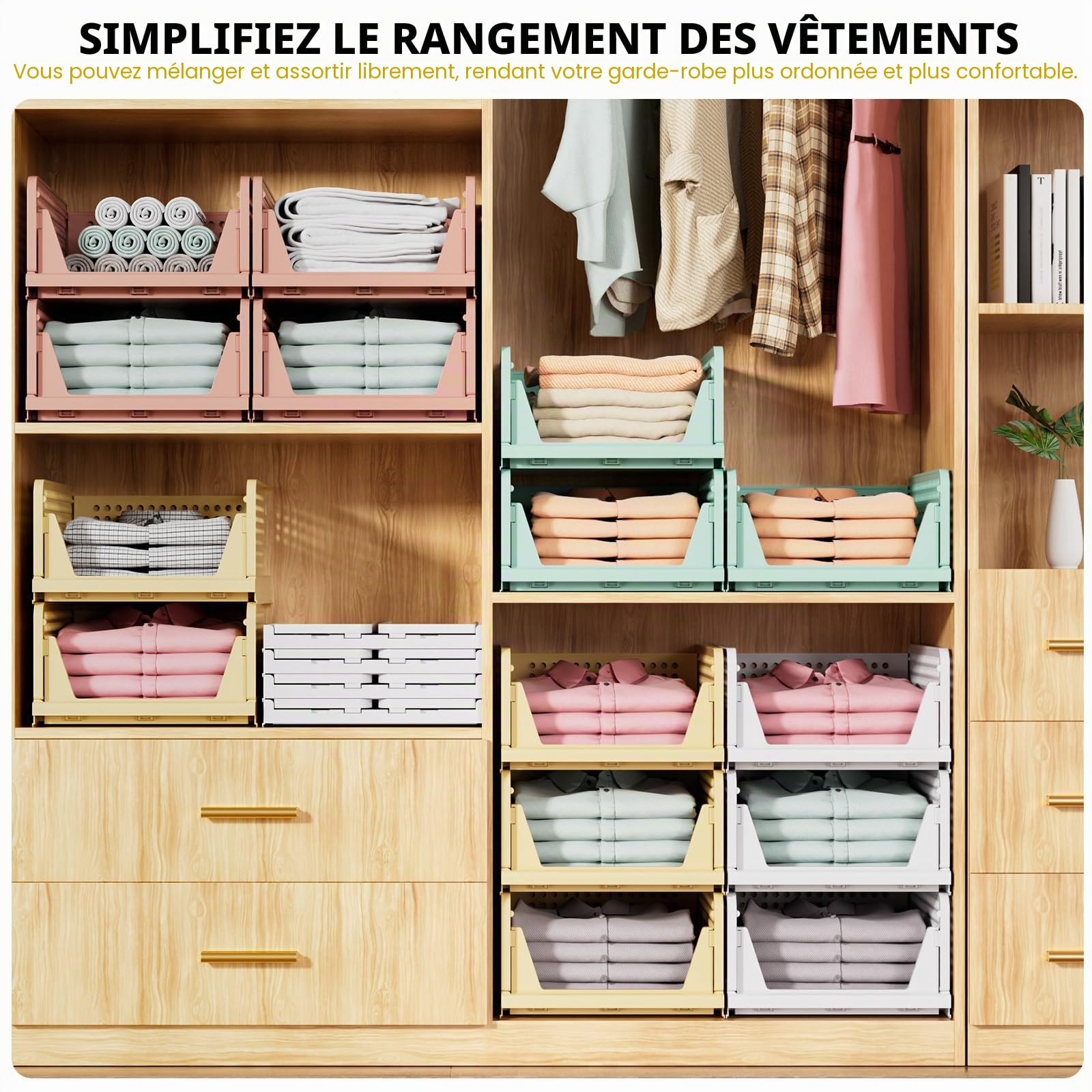 SNSLXH Lot de 8 boîtes de rangement empilables pour placard, multifonctionnelles et pliables pour salle de bain, cuisine, buanderie, armoire, rangement peu encombrant, blanc