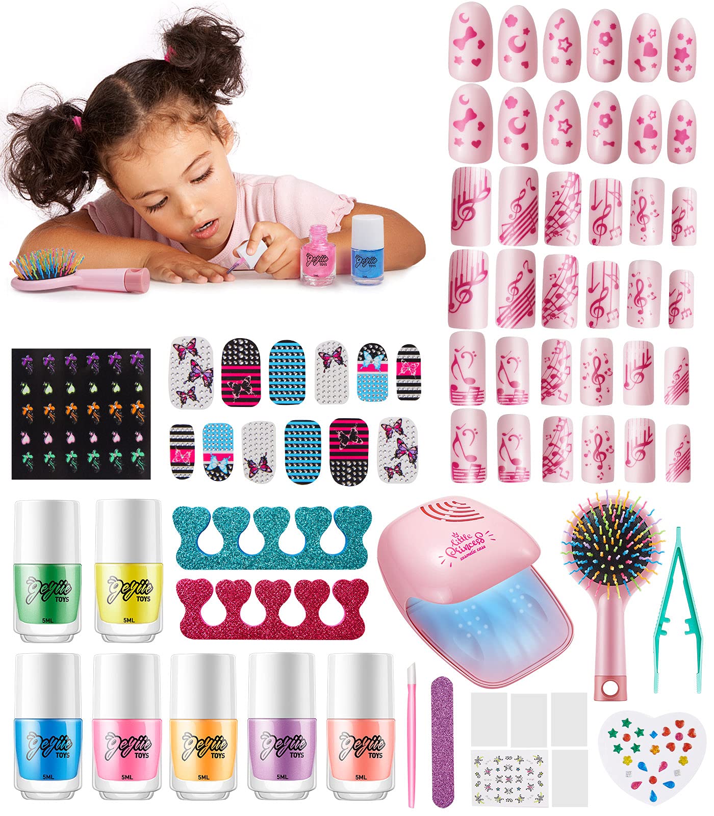 Polish Kit Makeup, Geyiie Nail Makeup Toys with Dryer,7 Bright Colors Girls Nail with Mirror Comb,Sticky Cartoon Fake Nail, DIY Sticker, Nail Studio Decoration Birthday Gift for Kids Girls Ages 7-12