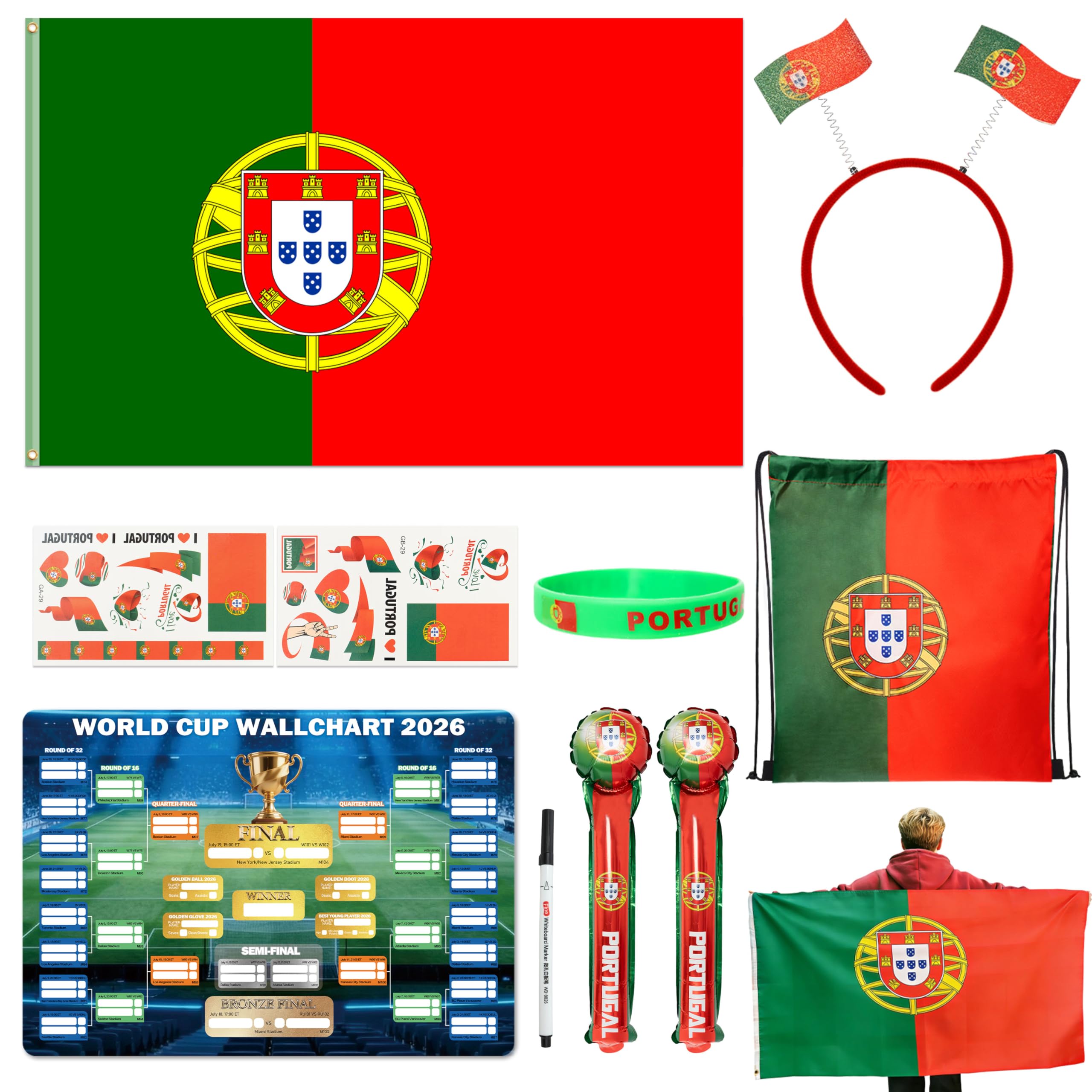 Set per tifosi della Coppa del Mondo 2026, include 10 kit per tifosi nazionali con fascia per la testa, 2 bastoncini di tuono, bandiera, braccialetto, borsa con coulisse, poster cancellabile a secco e