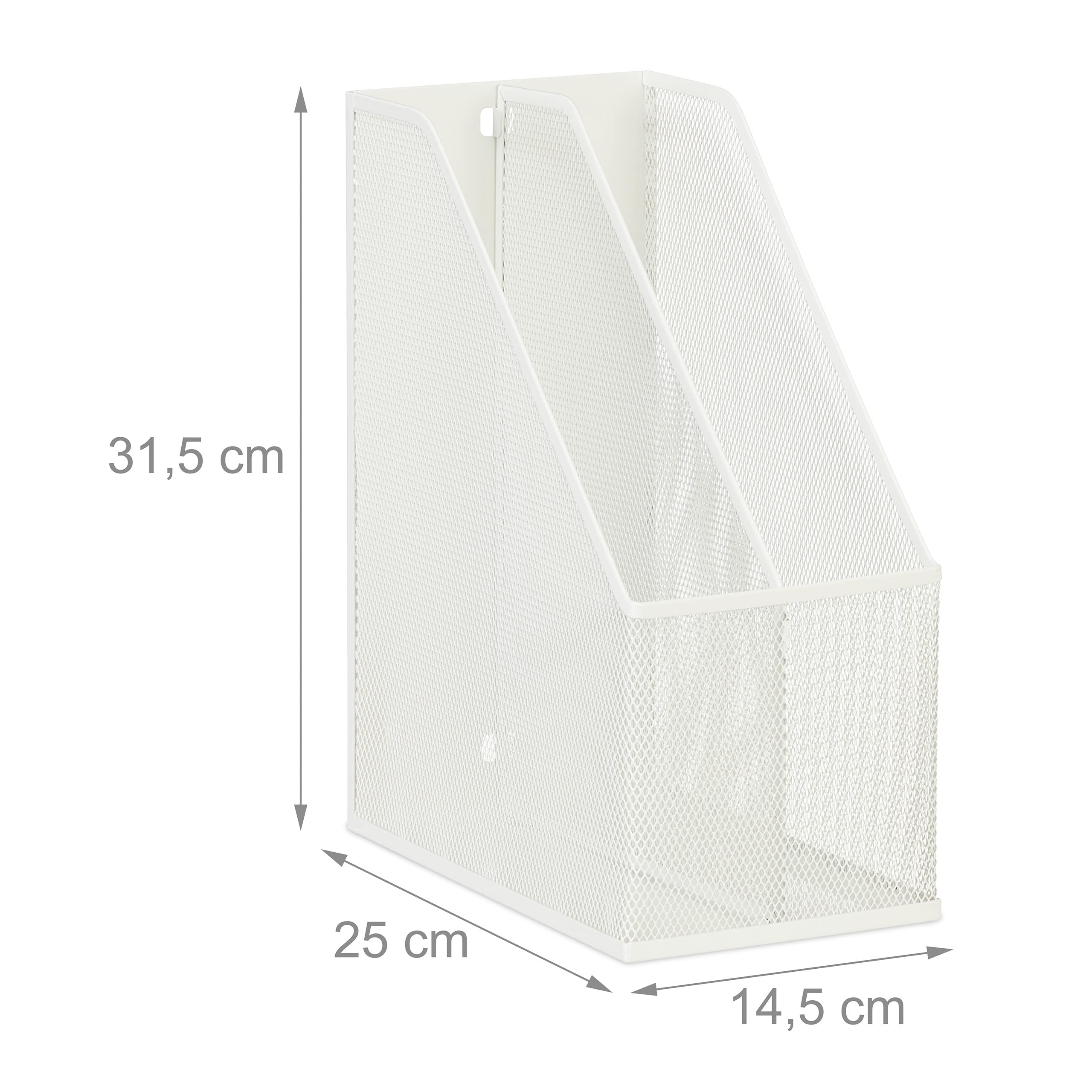 Relaxdays Archivador de Metal, 2 Compartimentos, DIN A4, 31,5 x 14,5 x 25 cm, Organizador de Pie, Diseño Malla, Blanco