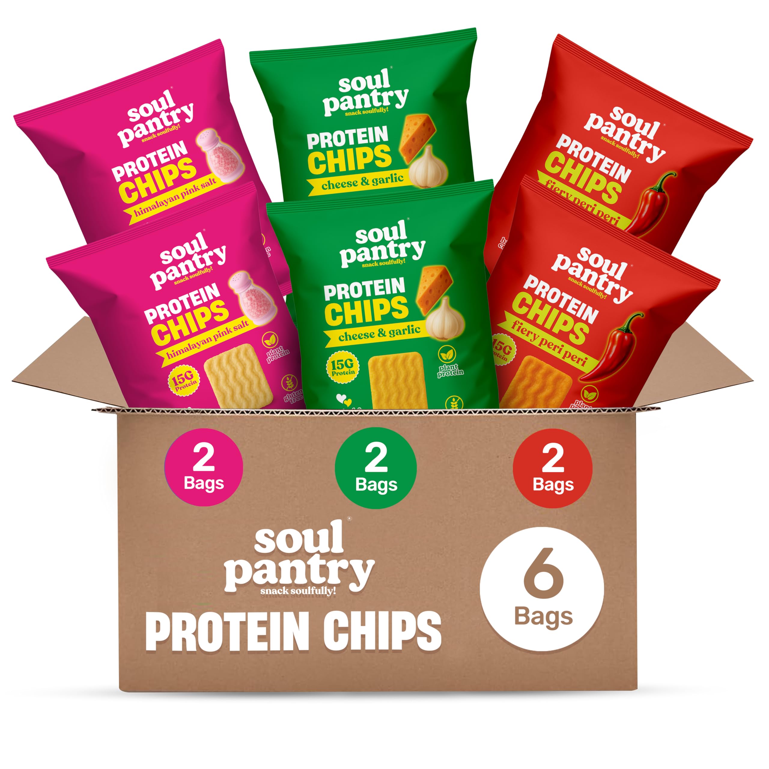 Protein Chips Variety 6-Pack – Vegan, Gluten Free Healthy Snacks in Cheese and Garlic, Himalayan Pink Salt & Peri Peri.