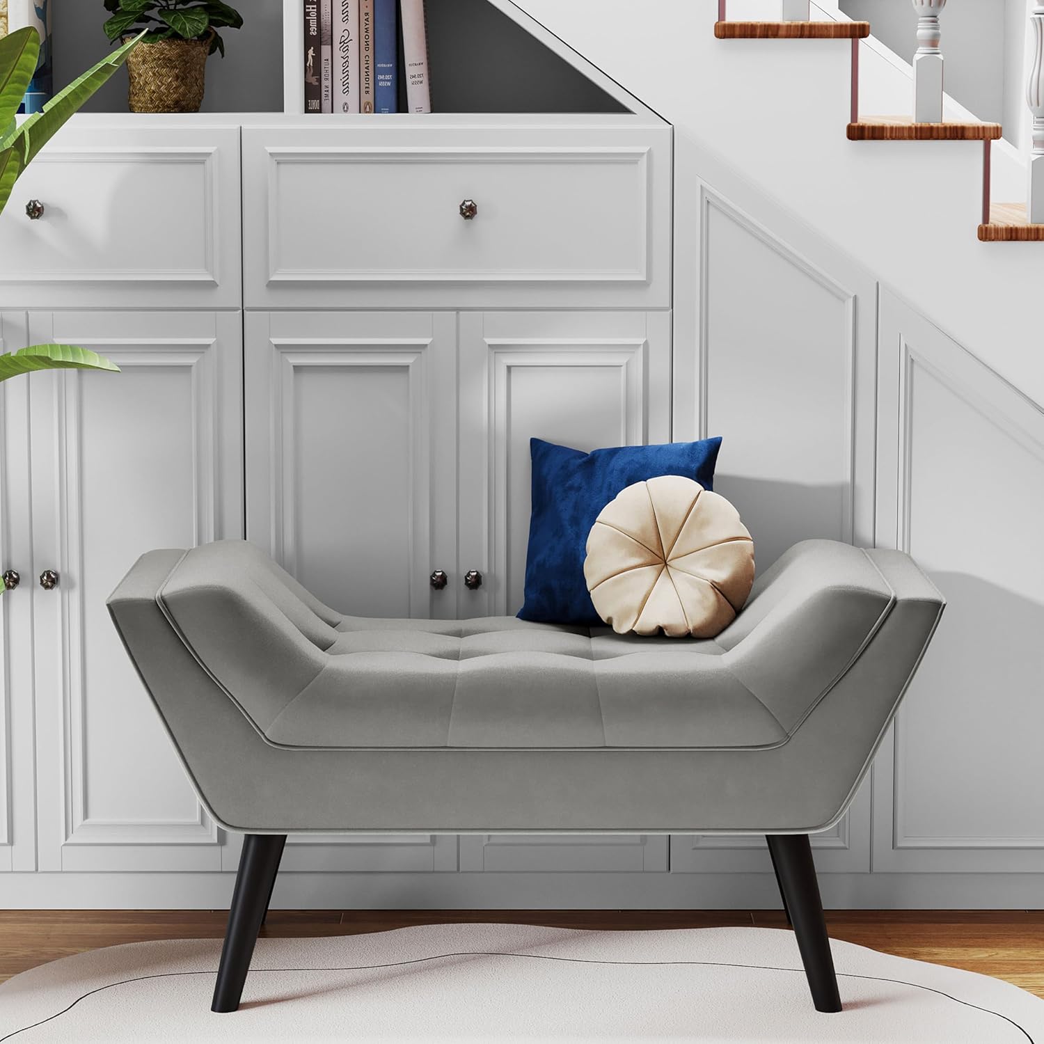 Andeworld Velvet Grey Upholstered Tufted Bench Ottoman - Cute Small One-Seater for Entryway Foyer Bedroom Bathroom (38.2")