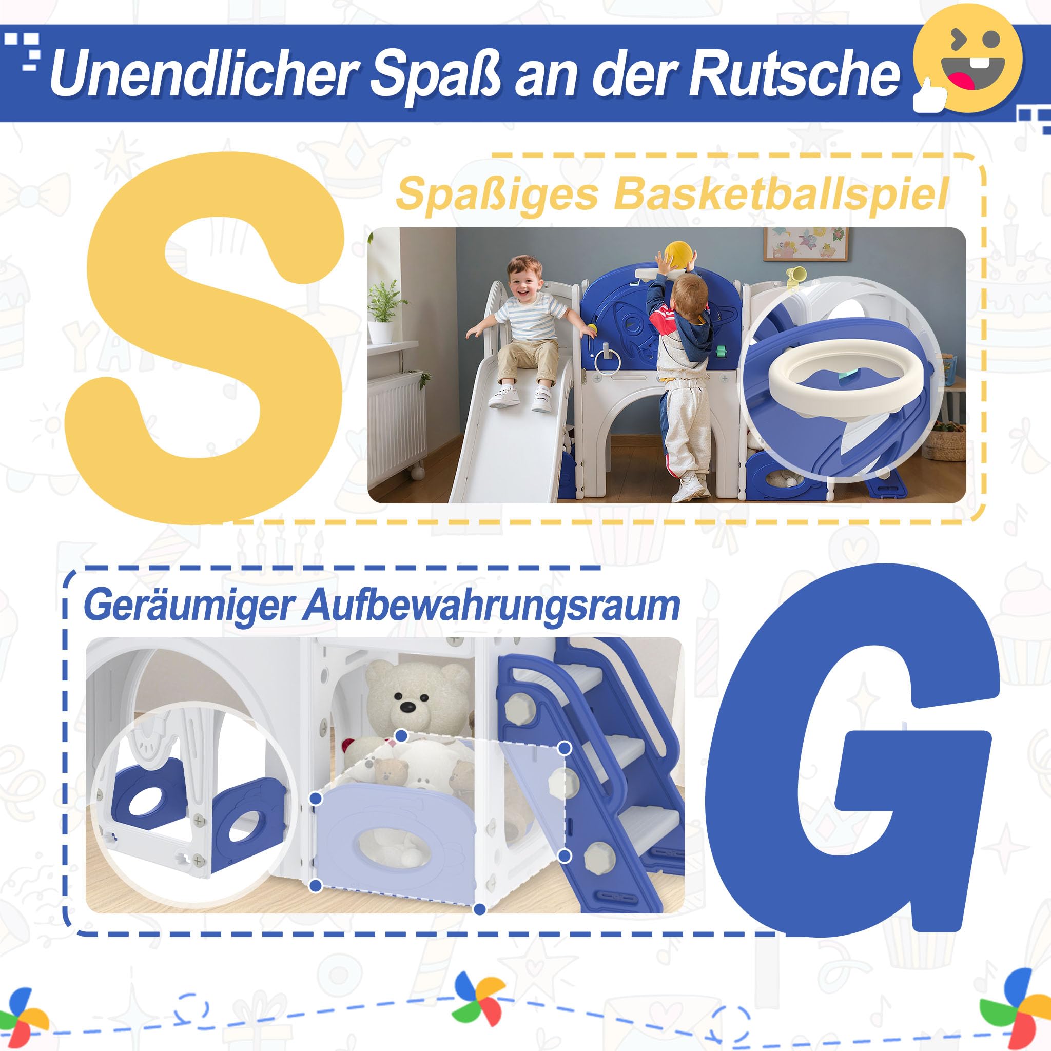 Aufun 5-in-1 Kinderrutsche für Kleinkinder, Multifunktionales Spielset mit Rutsche, Basketballkorb, Tunnel, Stauraum, Kletterleiter, Werkzeugfreie Montage, Stabil Freistehenderutsche Spielzeug