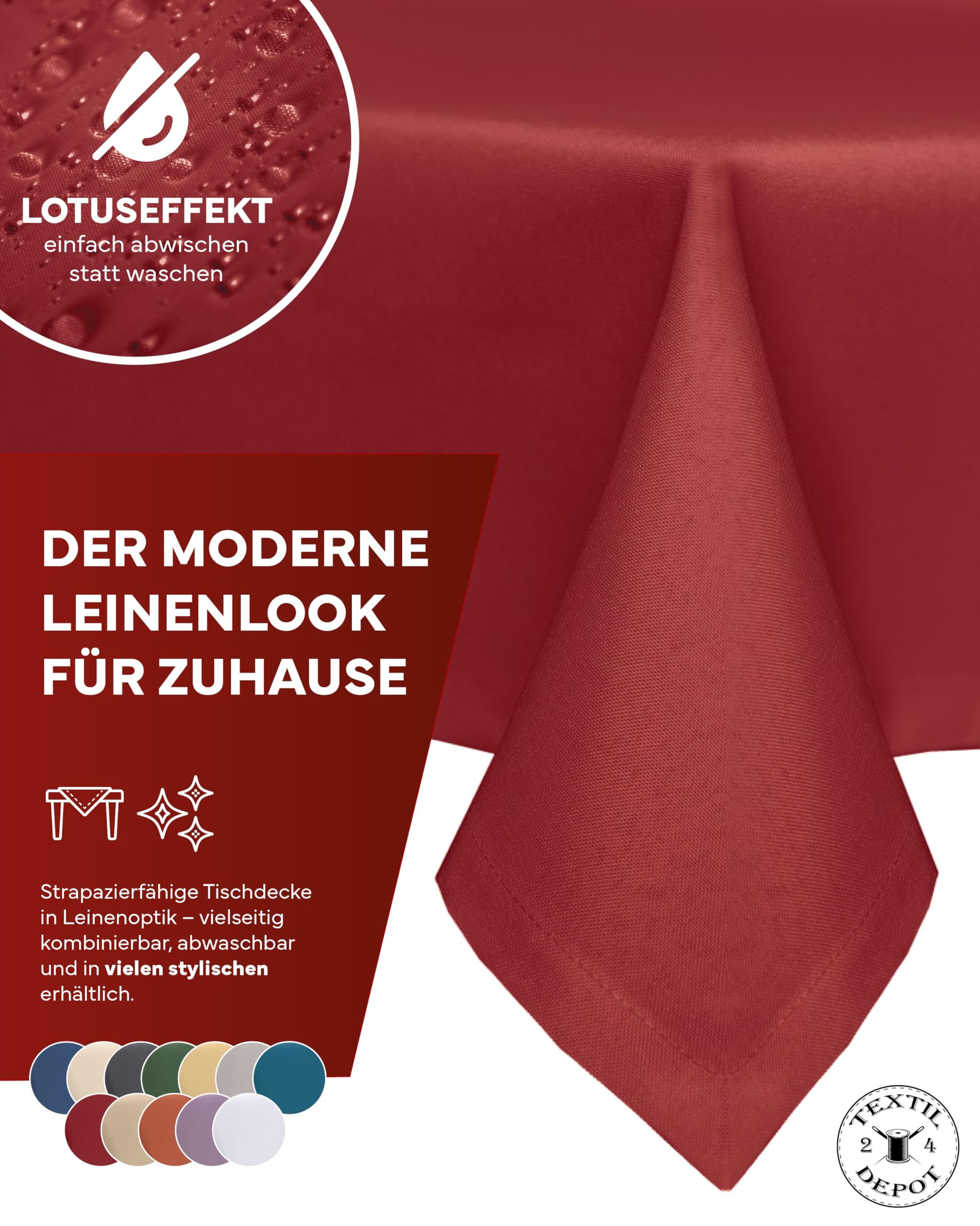 Nappe de Table de Jardin Aspect Lin - Effet Lotus - Anti-Taches - Infroissable - 220 cm - Ronde - Rouge