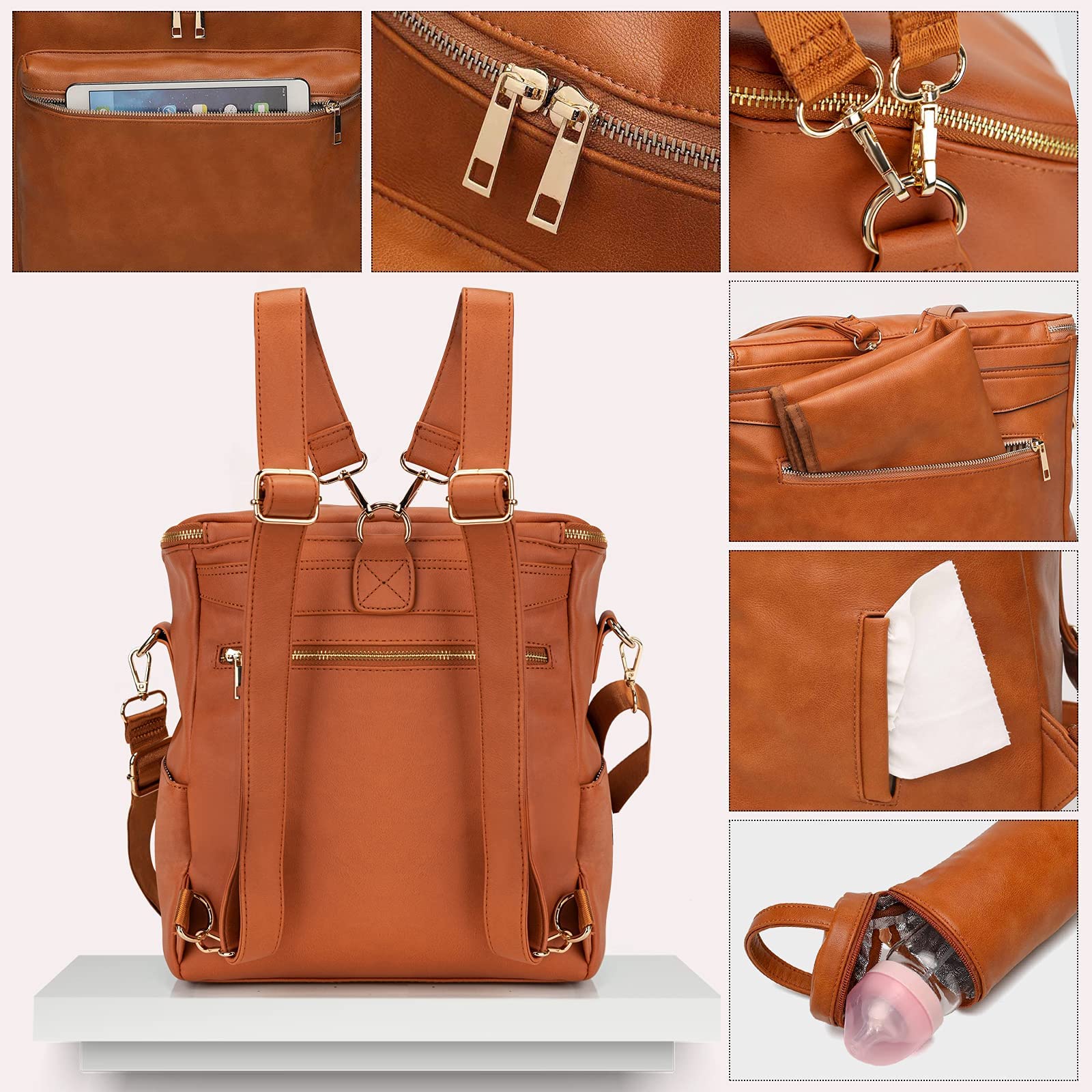 Minsong Mochila para pañales, mochilas de piel sintética de moda para mamá, bolsas de pañales de viaje para bebé con organizador en la bolsa y cambiador