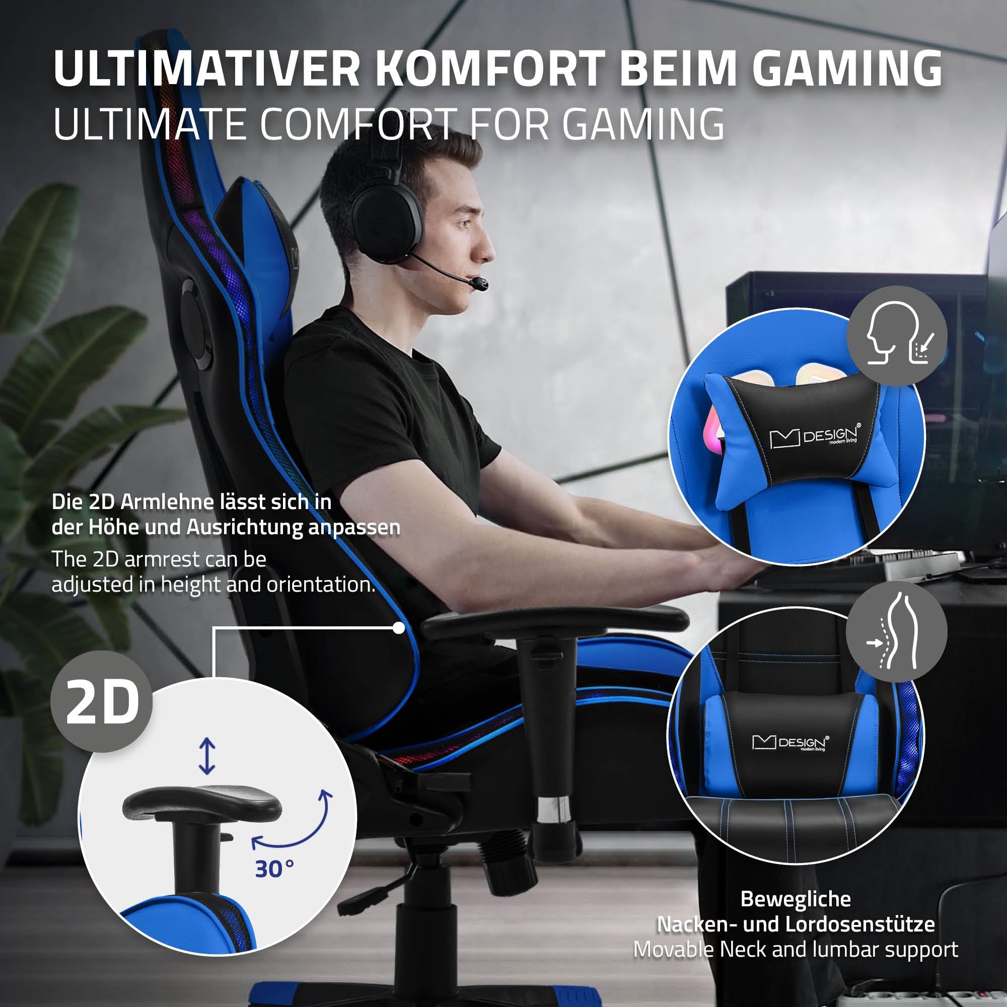 ML-Design Sedia da Gaming Illuminazione LED RGB e Altoparlanti Bluetooth e Cuscino Lombare Ecopelle Blu Poltrona Ufficio Ergonomica Confortevole Braccioli Poggiatesta Altezza Regolabile Reclinabile