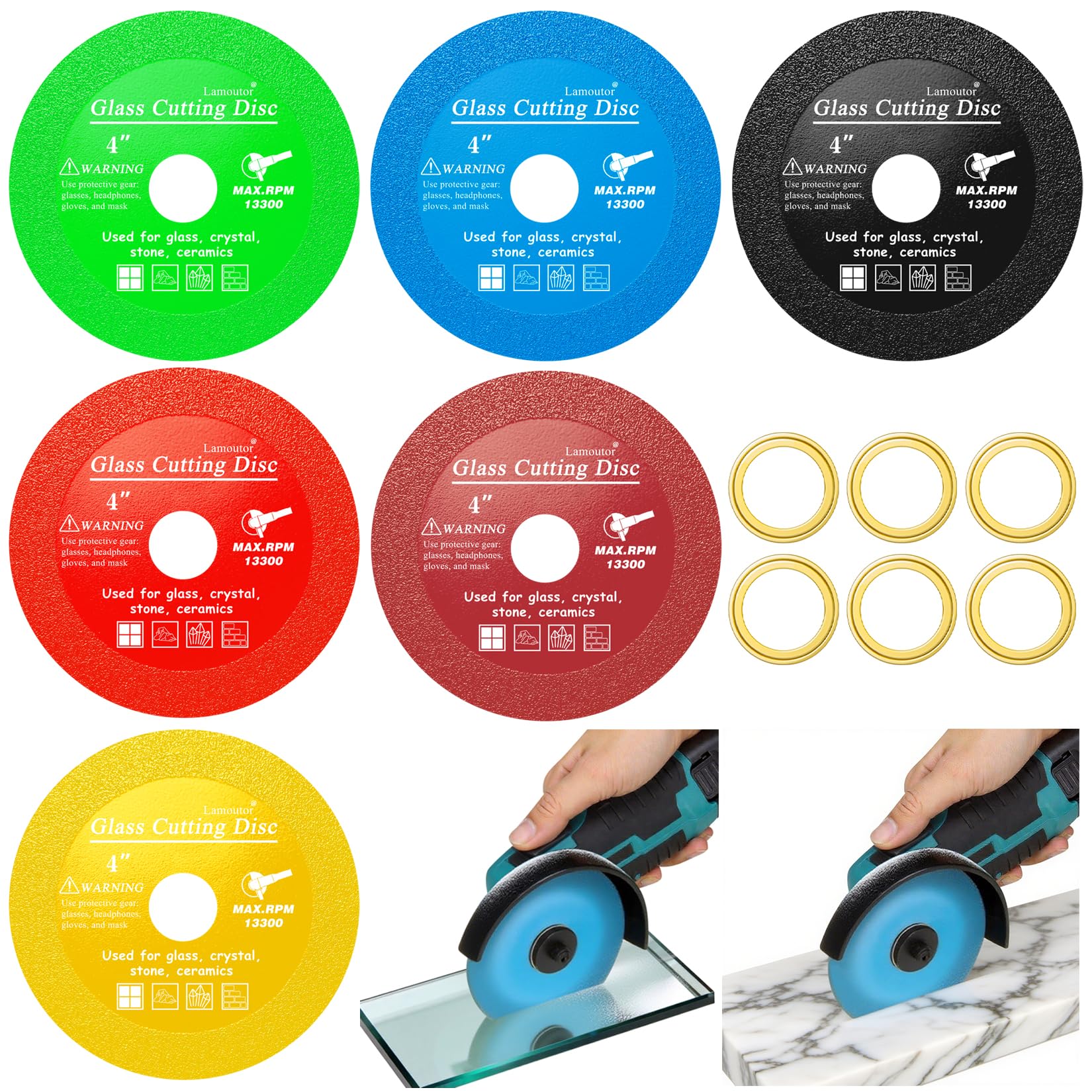 6Pcs 4 Inch Glass Cutting Disc for Angle Grinder, Diamond Saw Blade, Tile Cutter Blade for Cutting Marble Glass Tile Jade Crystal（Green/Blue/Yellow/Black/Red/Orange）