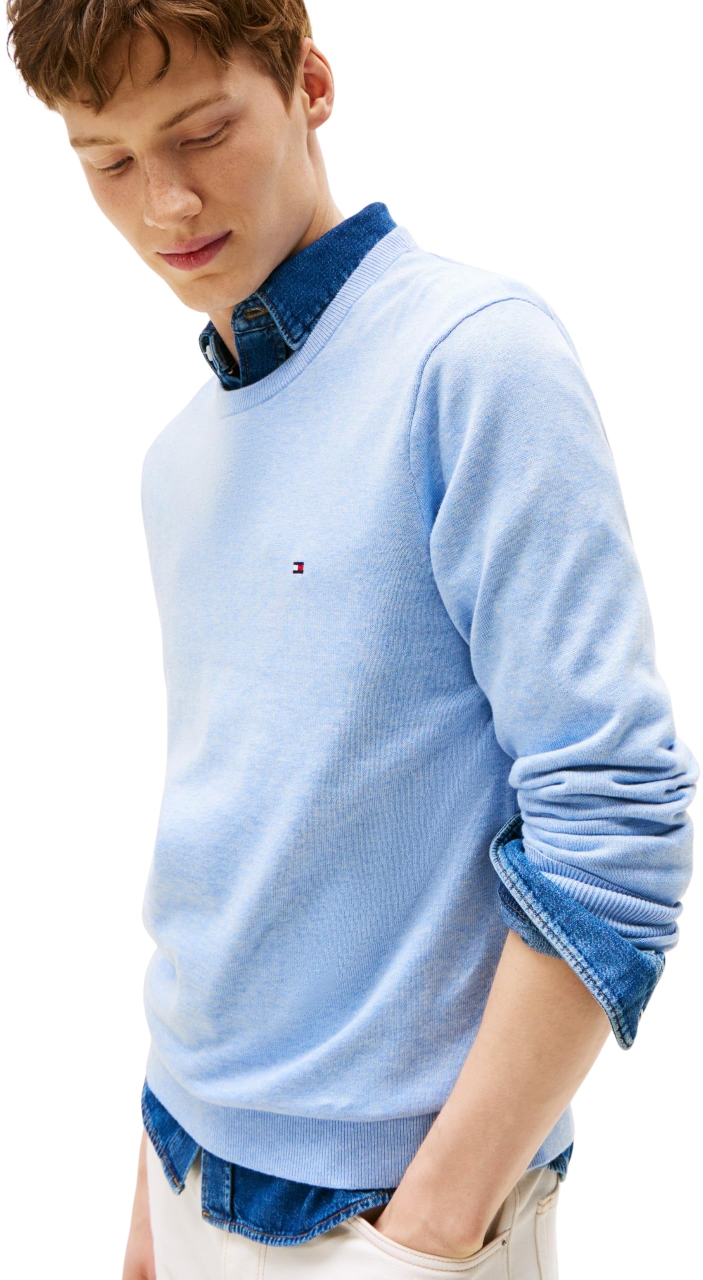 Tommy Hilfiger Uomo Pullover Essential Cotton con Scollo Rotondo, Blu (Vessel Blue Heather), XS