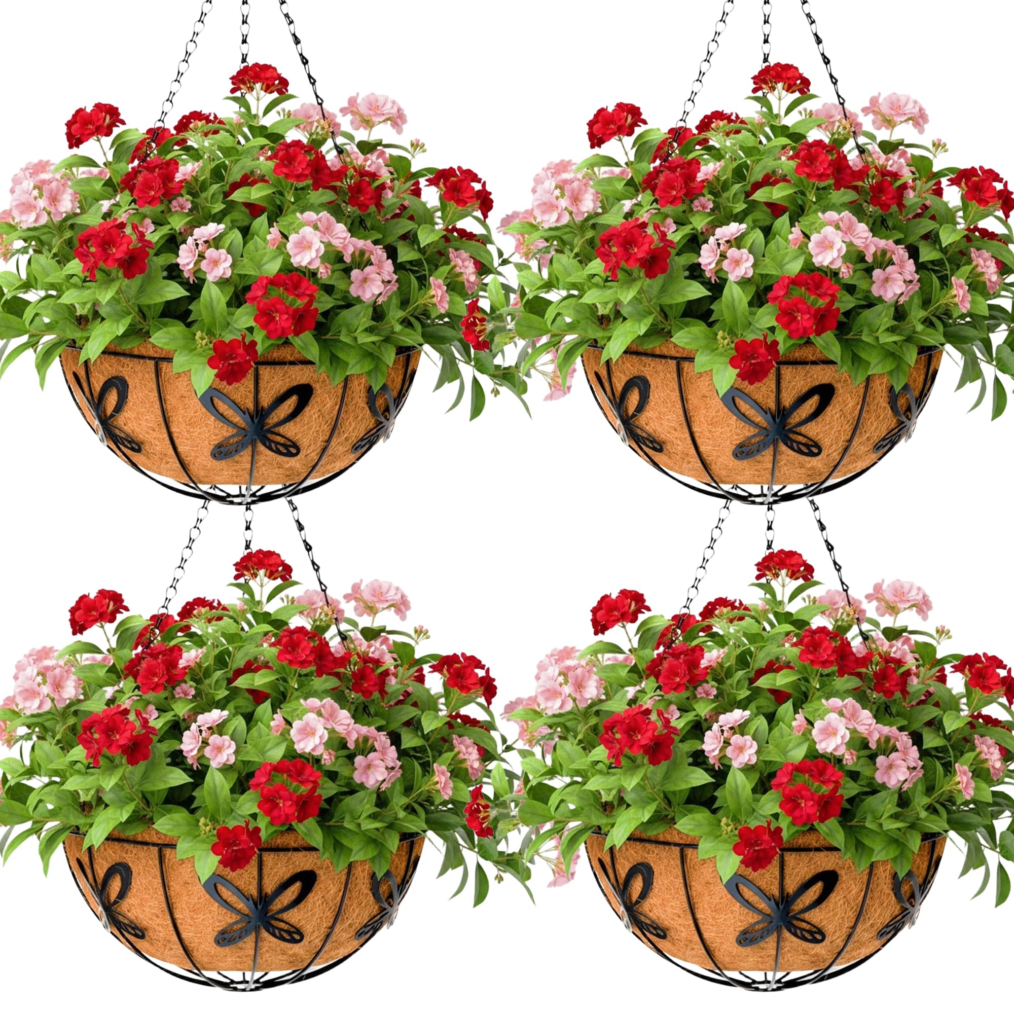 JFFLYIT Metal 10 inch Round Planter, 4 Pack Hanging Wire Basket with Coco Fiber Liners for Outdoor Plants, Garden, Patio, Deck, Porch