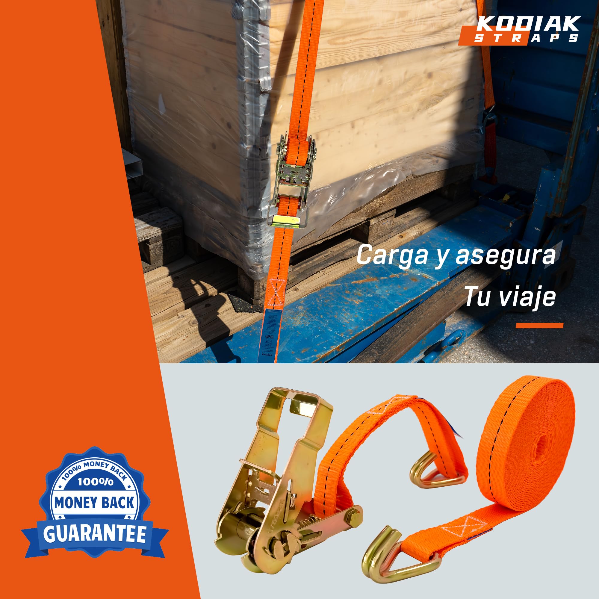 10 Correas Tensoras 6m x 1500inquete y Ganchos - Correas de 27mm - Correa de Trinquete Naranja para Sujeción de Carga - Certificado TÜV/GS según DIN EN 12195-2 - KODIAK STRAPS
