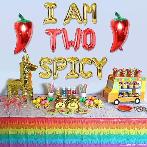 Miniatura 4 de THREE REX 16 carteles con texto en inglés "I AM TWO SPICY 2nd Birthday para niñas, decoración de fiesta de cumpleaños con globo de aluminio de chile