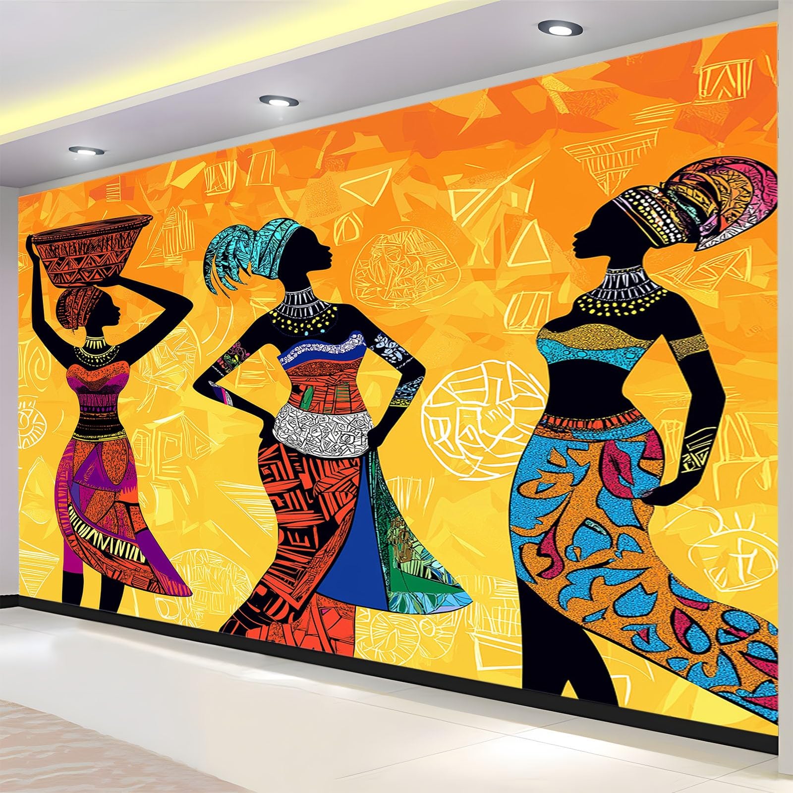 Pomarańczowy i żółty mural tapeta nieafrykańska kobiety tradycyjna odzież murale ścienne do sypialni salonu dzieci przedszkole fototapeta artystyczna dekoracja szer. 350 x wys. 256 cm dekoracja