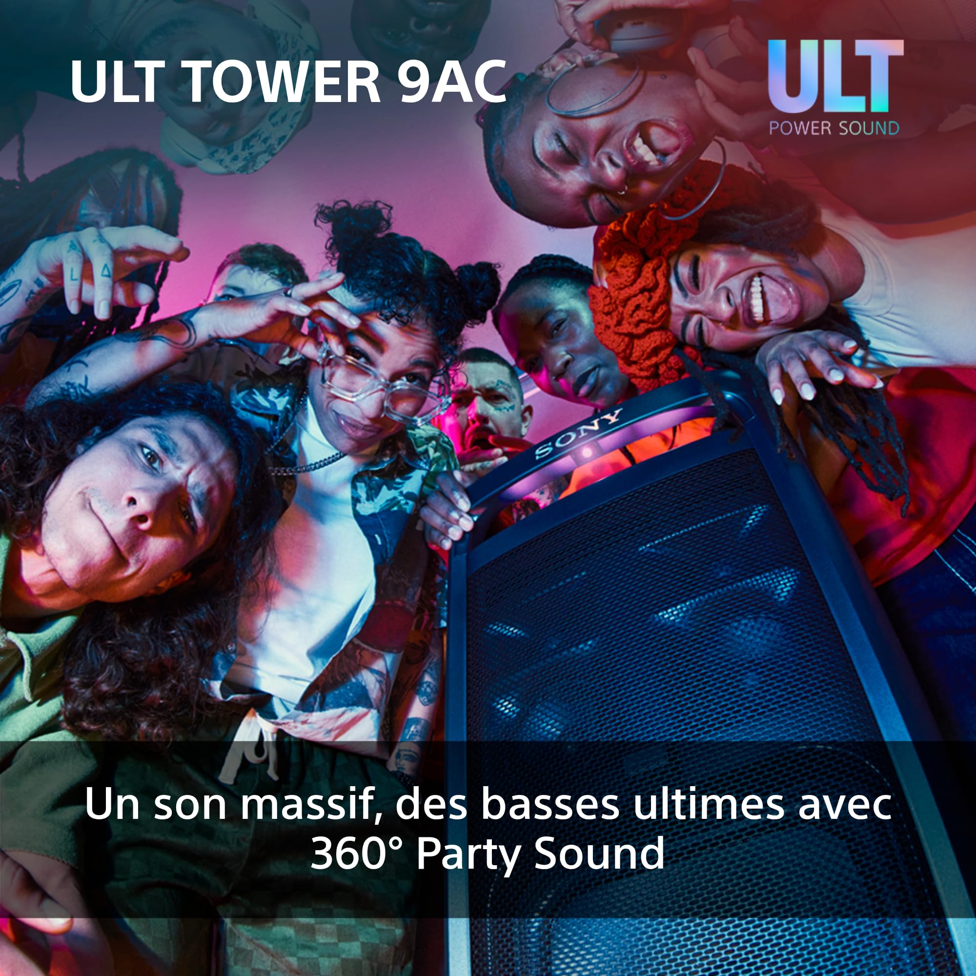 Sony ULT Tower 9AC - Enceinte Bluetooth Party Box Ultimate, Alimentation Secteur, 2 Modes ULT Power Sound, X-Balanced Speaker, 360° Lighting & Sound, entrées pour Karaoke - Noir