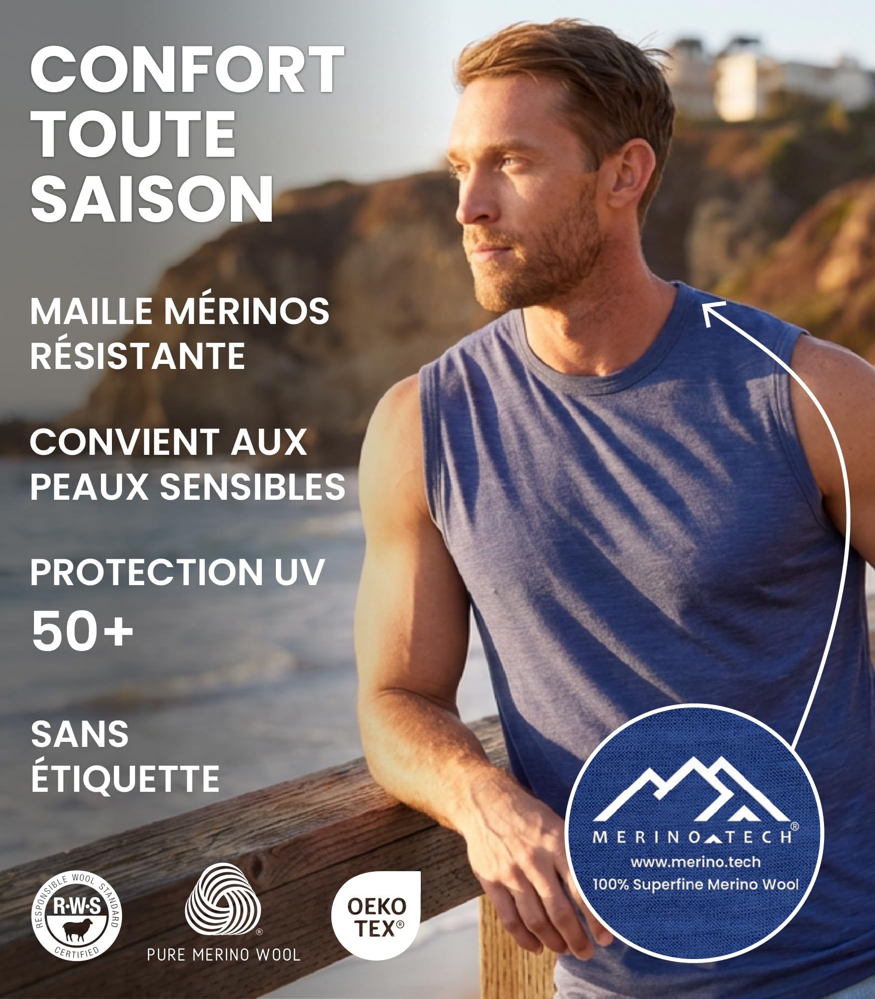 Debardeur Homme Merinos - Actif Maillots de Corps Homme sous-Couche Légère Respirante, Anti-Odeurs et Évacuant L’humidité