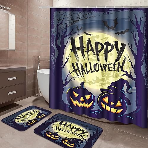 Arttown Juego de baño de Halloween con cortina de ducha y accesorios de alfombras, juego de cortinas de ducha de calabazas negras, cortina de ducha