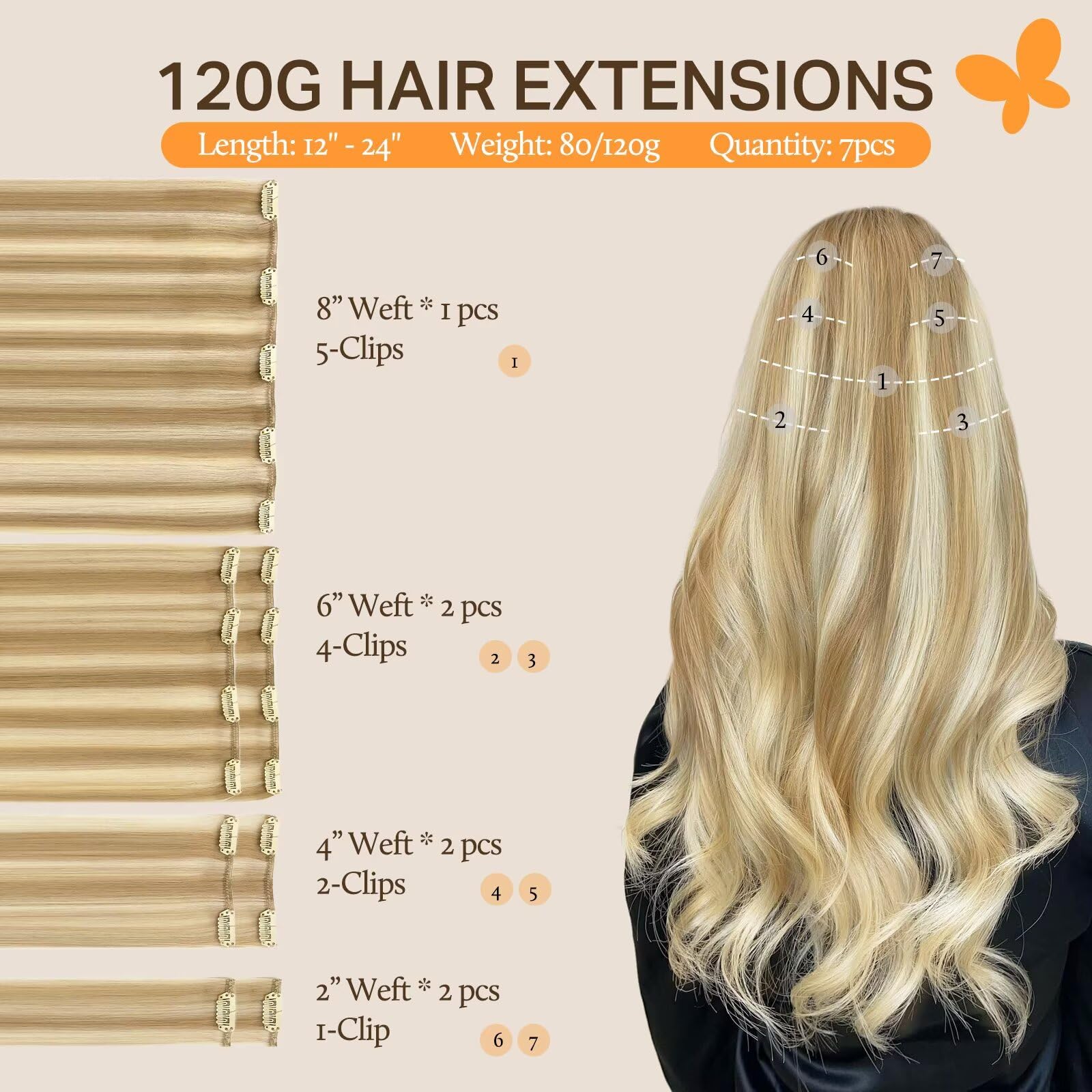 DOORES Dopinki do włosów z prawdziwych włosów, brudny blond, pasemka blady blond, 30 cm, 12 cali, 7 sztuk, 80 g, doczepiane włosy Remy, przedłużenie włosów, gładkie, na całą głowę, prawdziwe włosy