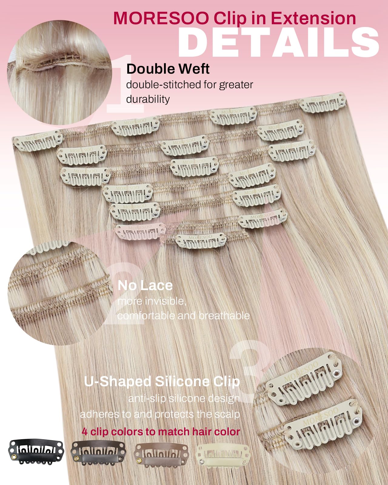 Moresoo Clip in Hair Extensions Real Human Hair Balayage Medium Brown and Blonde Real Hair Extensions Clip in Human Hair for Women Full Head 22 Inch 7pcs/120g #4/6/613 — view 13