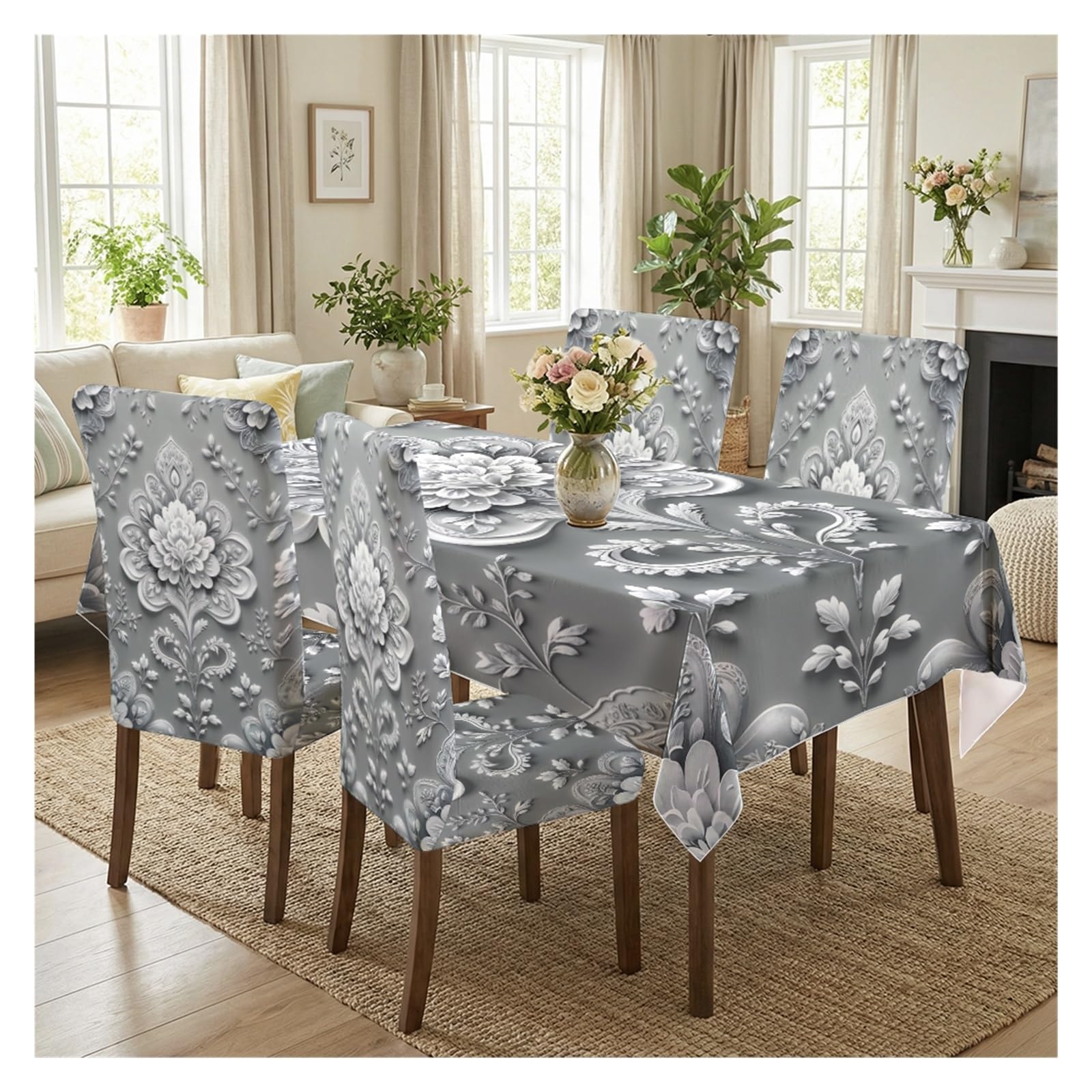KXUAUV Vintage Grey Floral Print Tablecloth And Chair Covers Set, Stretch Slipcovers For Daily Banquet Café Farmhouse Dining Room Decor, 5/7 Pack Party Decor(5pcs Set: Tablecloth+Chair Covers)