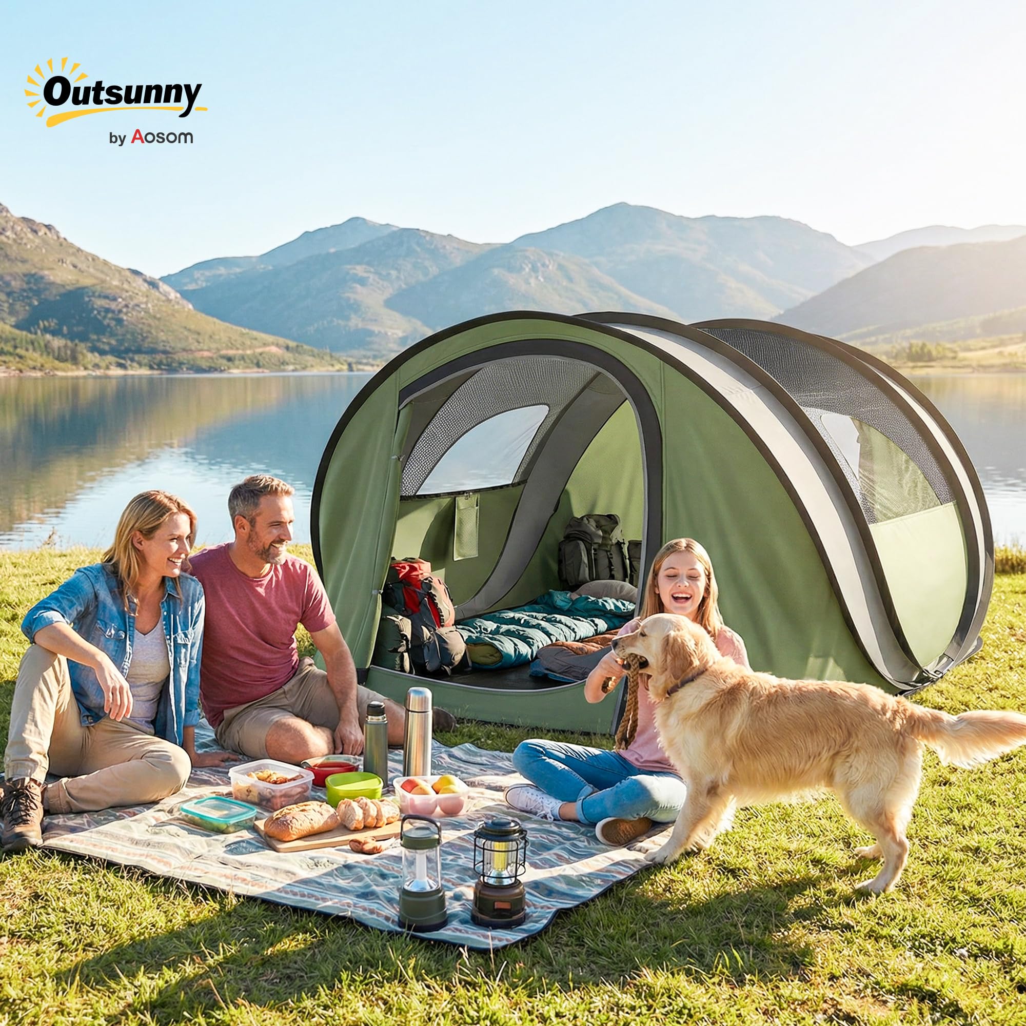 Outsunny Tenda da Campeggio Pop Up 4 Persone, Impermeabile 3000mm, con Borsa, Verde