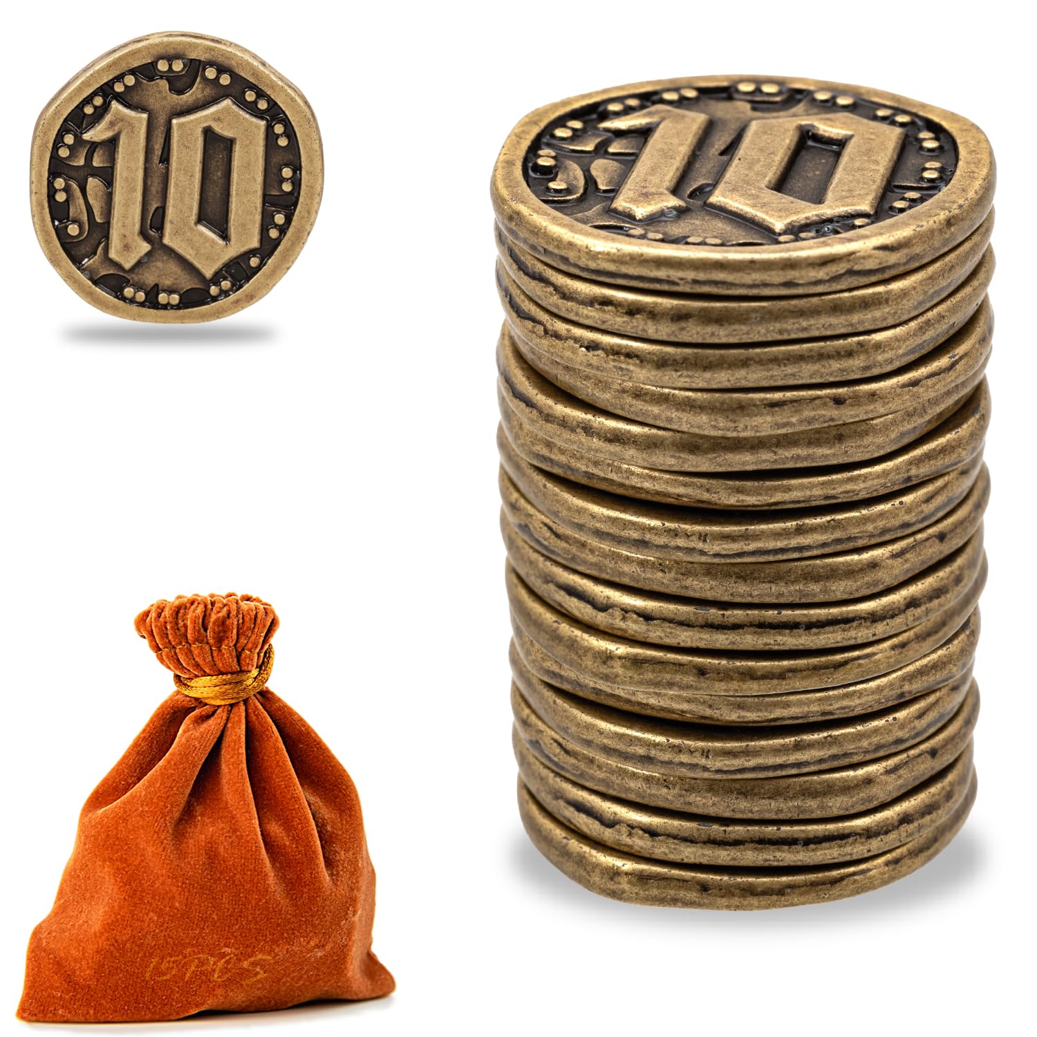 Metal Coins for Board Games, Prefdo 15 PCS Treasure Tokens for Poker, RPG, Strategy Tabletop Gaming, Fantasy Currency, Heavy Duty Generic Game Currency (Bronze - Value 10 Coins)