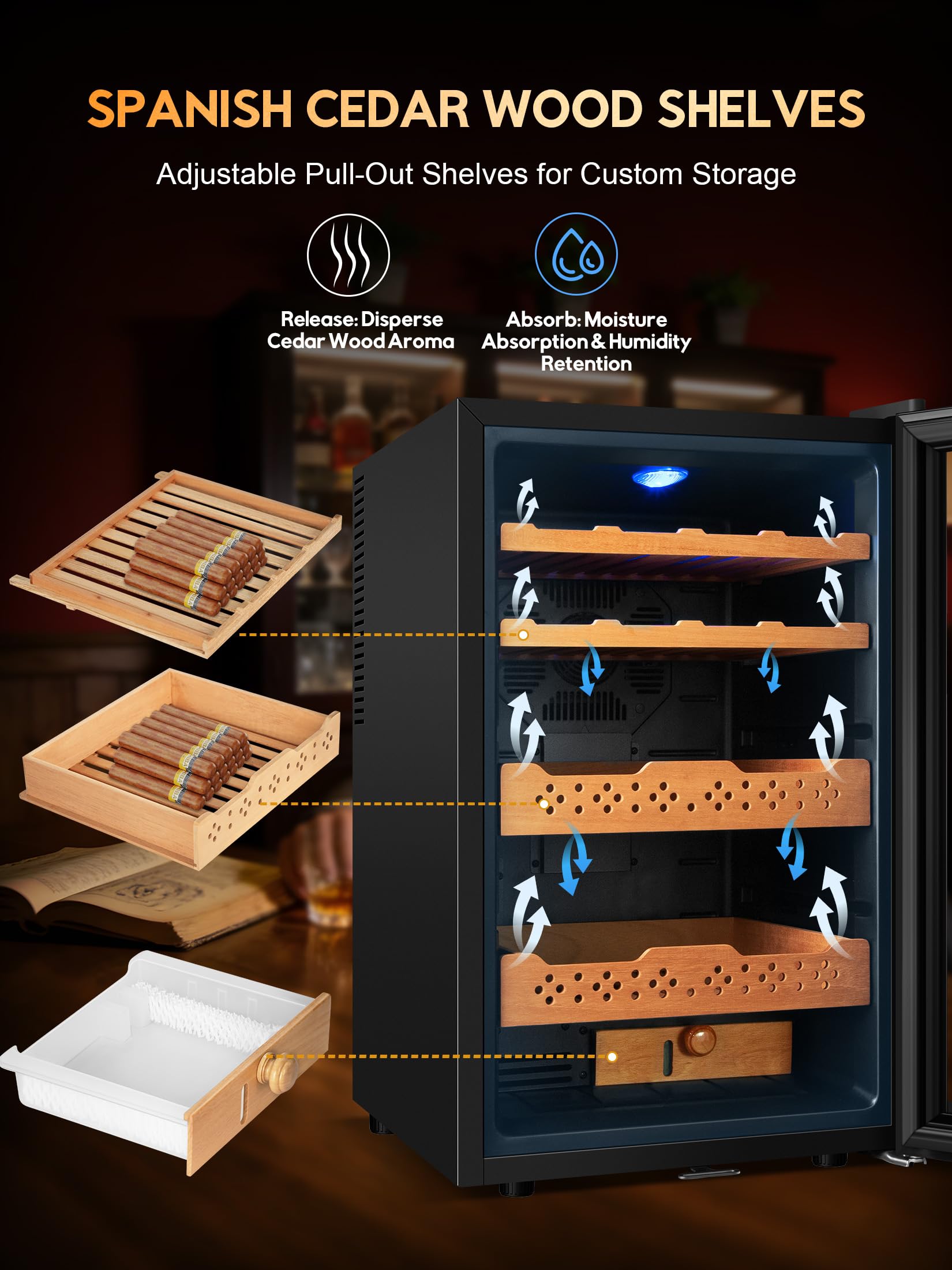 Rlpi 400 Counts Thermostatic Electric Cooler Cabinet,70l Electric Humidor With Smart Humidity & Temp Digit Control System,Spanish Wood Shelves Gift For Men on Fridge.com - View 5