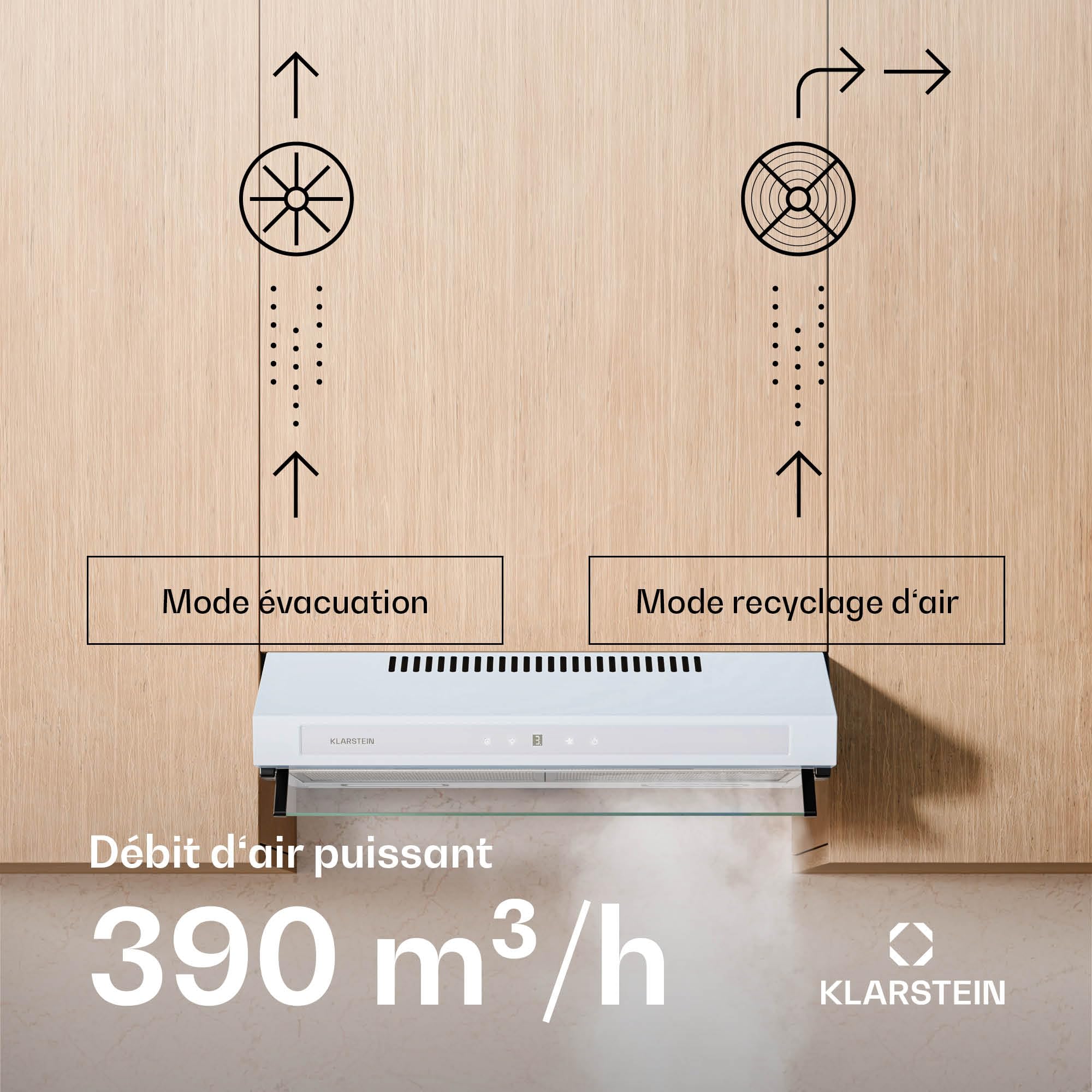 Klarstein Purista Force Hotte aspirante, Hotte murale de cuisine 60 cm, 343 m³/h, Double moteur, CEE C, Panneau tactile LED, Éclairage LED, Filtre à charbon actif