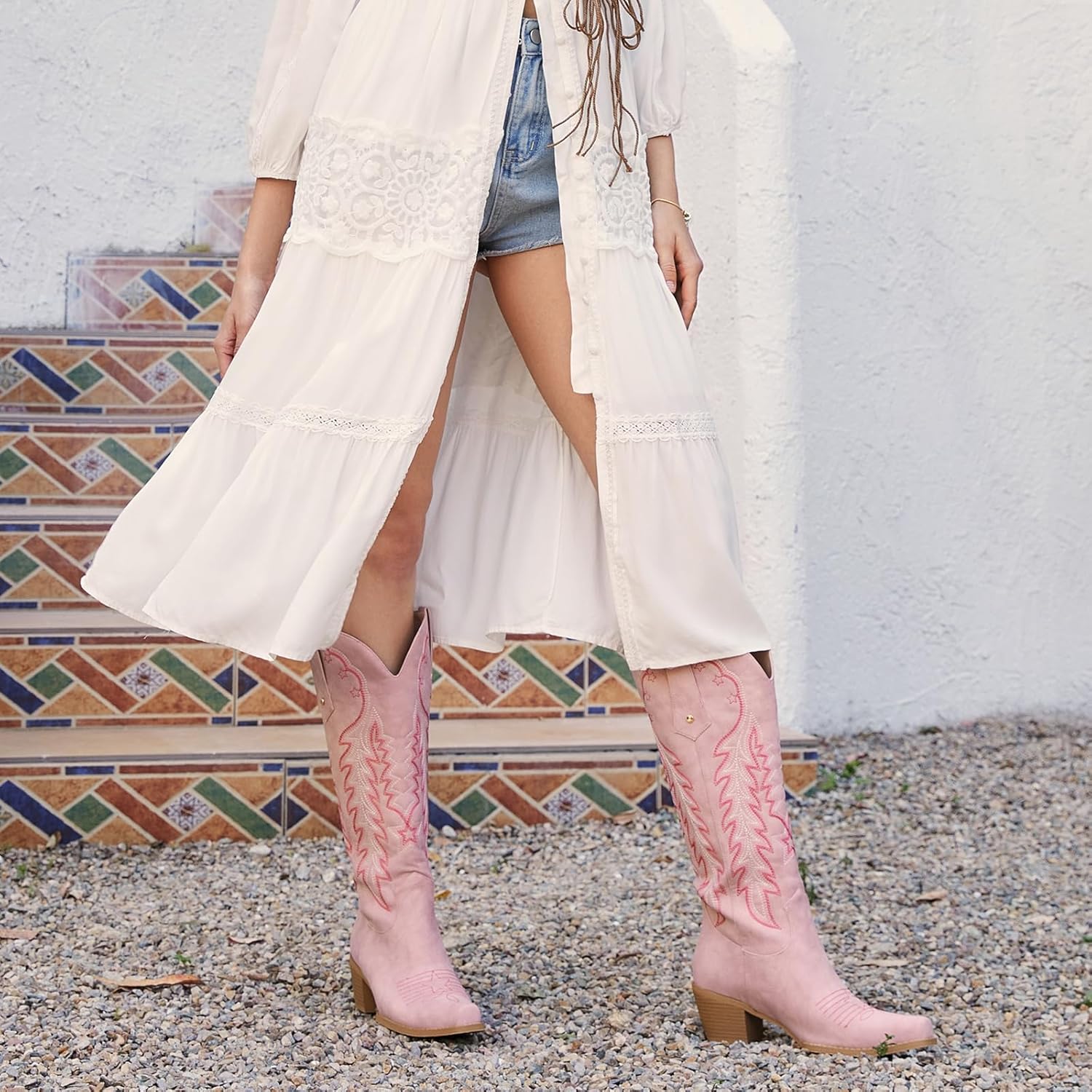 wetkiss Cowboy Boots for Women Knee High Cowgirl Boots Retro Embroidered Chunky Heels Pointed Toe Western Long Tall Boot Pull On - Image 3