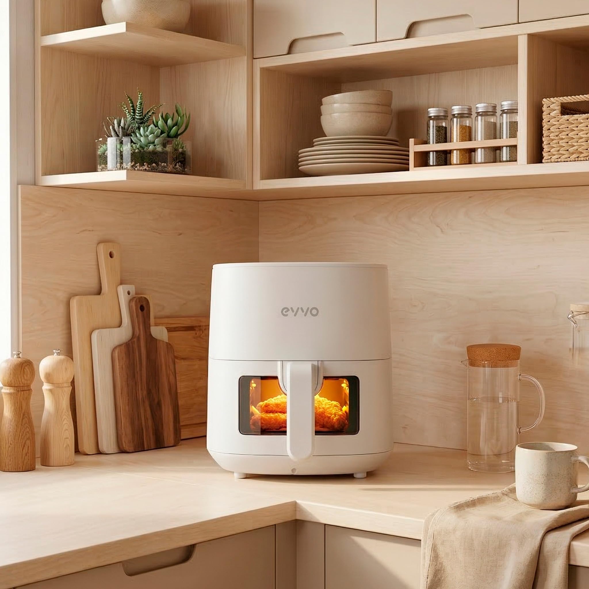 EVVO Tasty Fryer 6,5L Blanco - Freidora sin Aceite 1700W, Air Fryer 6,5 Litros, Tecnología Dual Cyclone, Panel Táctil Digital, Hasta 200ºC, Temporizador, Apagado Automático, Antiadherente