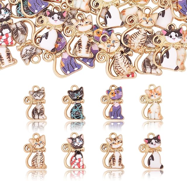 DanLingJewelry 40 pcs 8 Styles Alloy Enamel Cat with Bowknot Charms Cute Pet Animal Pendants for DIY Jewellery Making 13X21x2.3mm