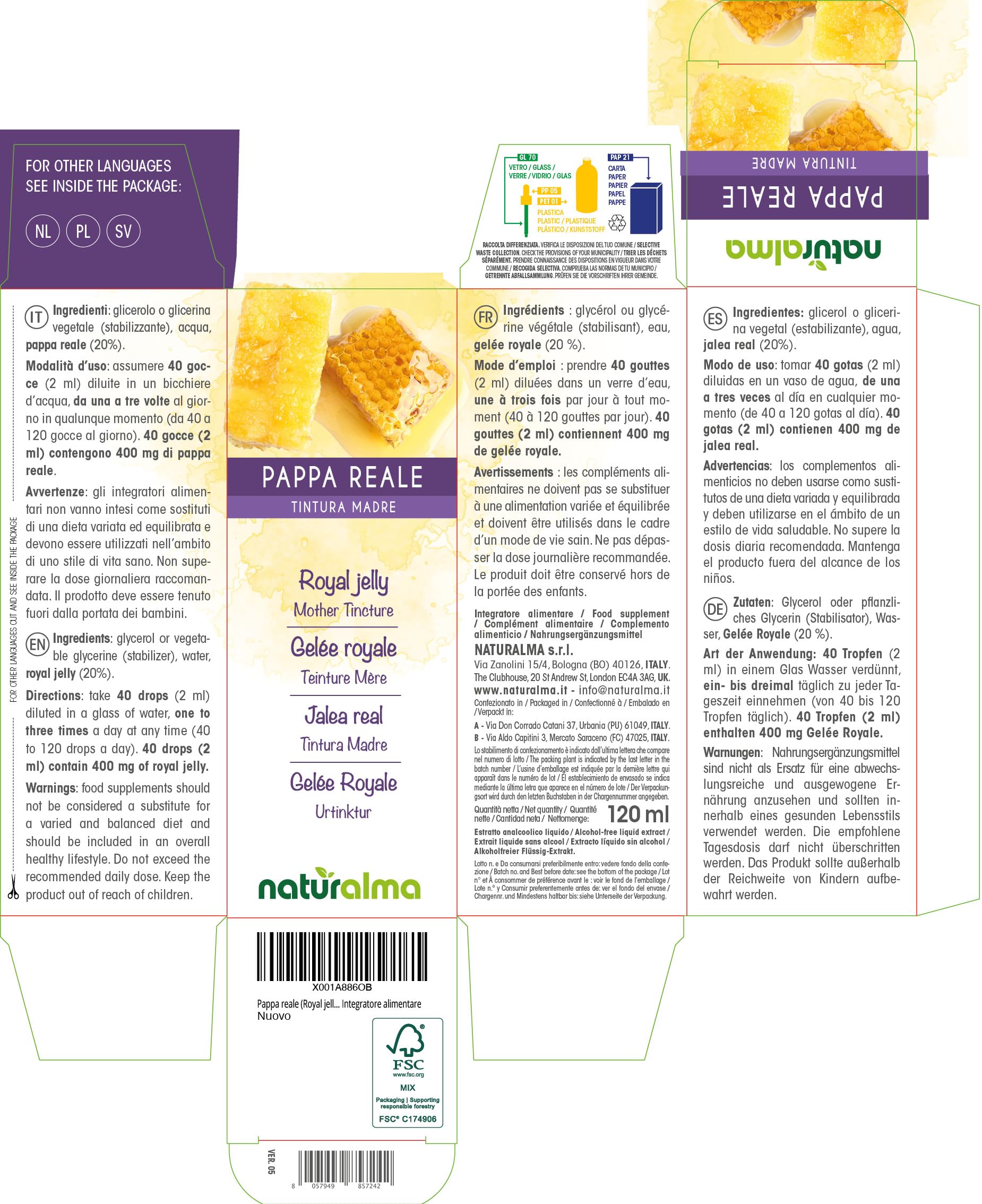 Pappa reale (Royal jelly) Tintura Madre analcoolica Naturalma - Estratto liquido gocce 120 ml - Integratore alimentare