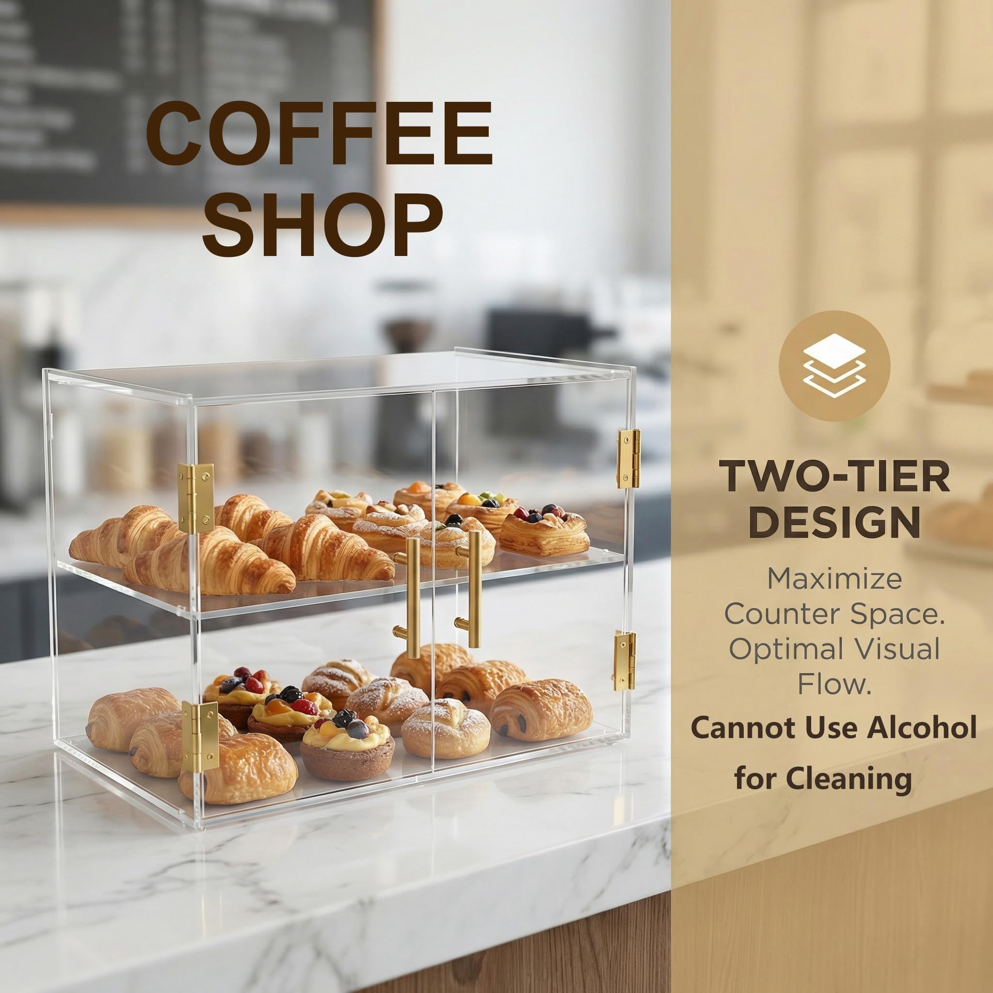 Vitrina expositora de panadería de 2 niveles con puerta elástica, vitrina acrílica comercial para mostrador de repostería, caja exhibidora de alimentos de 18.9" x 9.29" x 13.39"