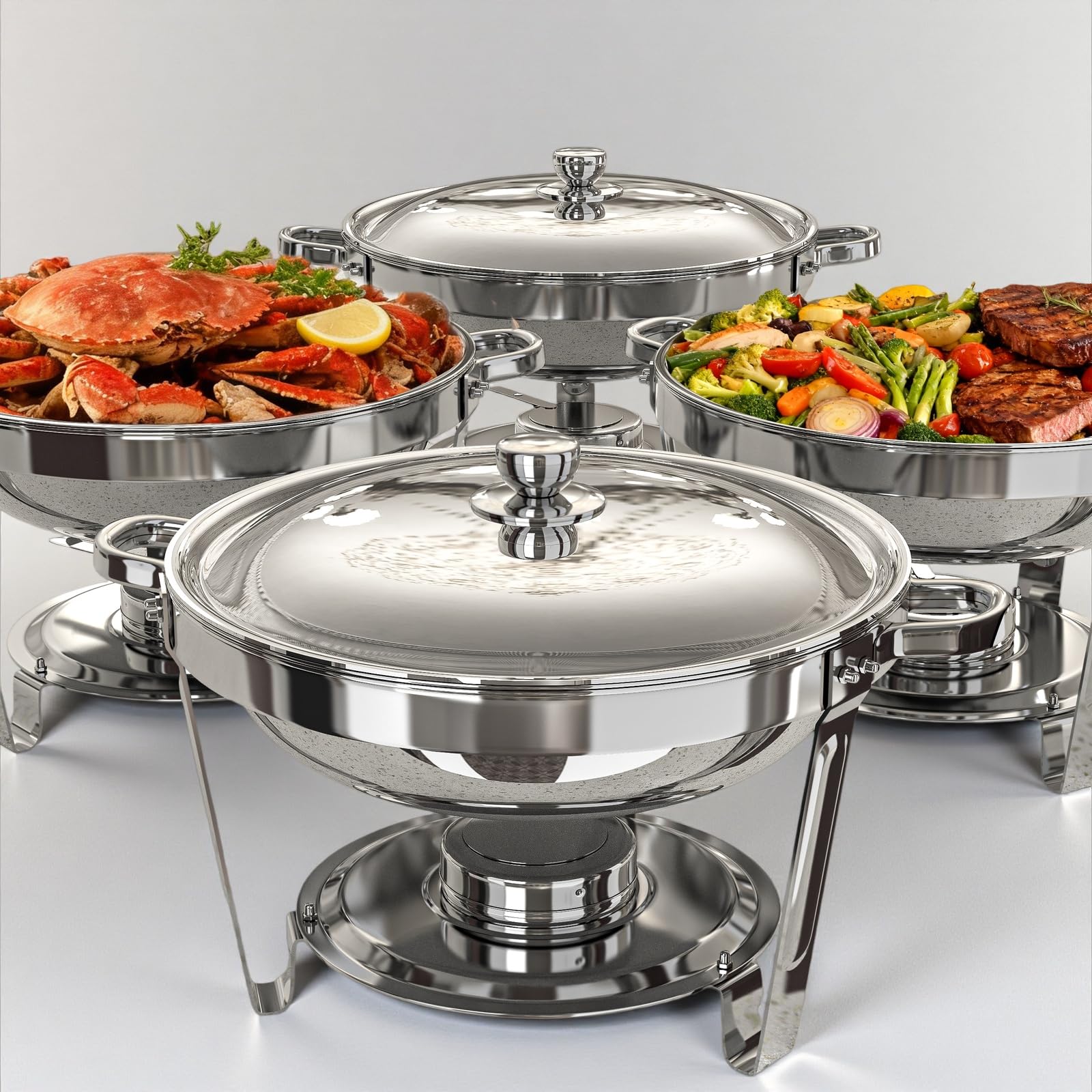 SIMILAR—DIFFERENT BRAND** KScocina ** Amhier Chafing Dishes for Buffet 4 Pack, 5Qt Round Stainless Steel Chafing Dishes [Elegant and Smooth] Stainless Steel Chafing Dish Buffet Set for Weddings, Parties and Catering, Silver