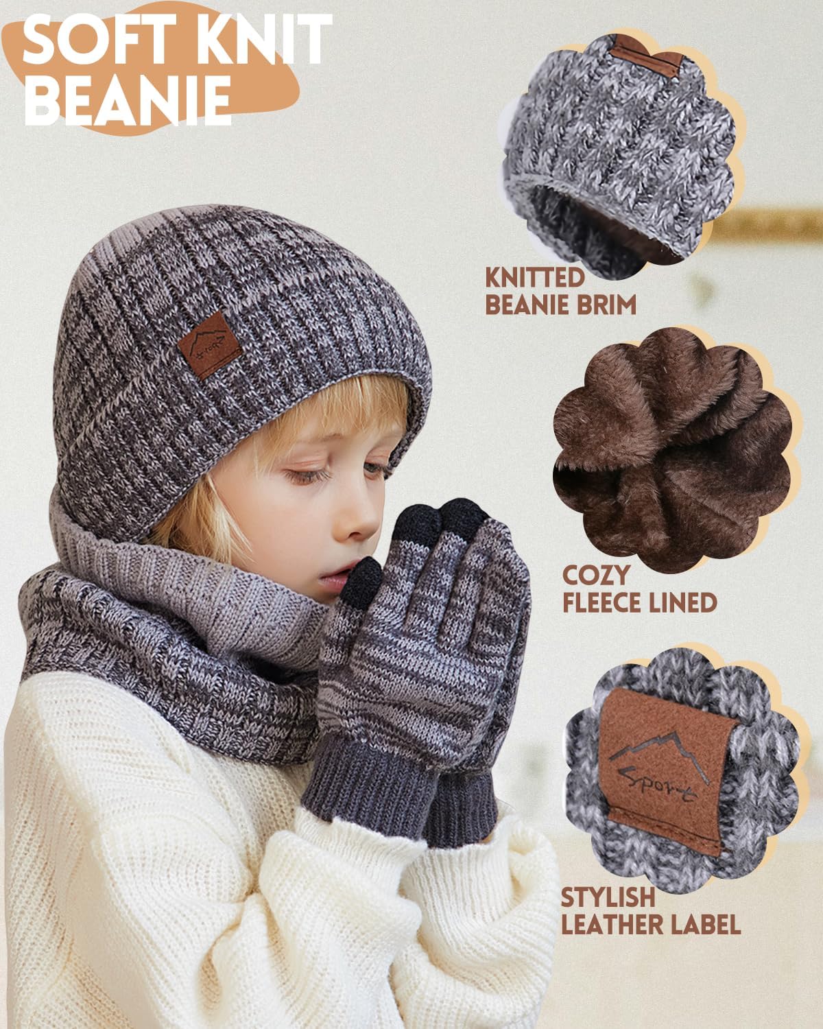 Kids Winter Hat Gloves Scarf Set，Mixed-color Beanie hat Knit Neck Fleece Lining Touchscreen Gloves for Girls Boys 4-10Y - Image 2