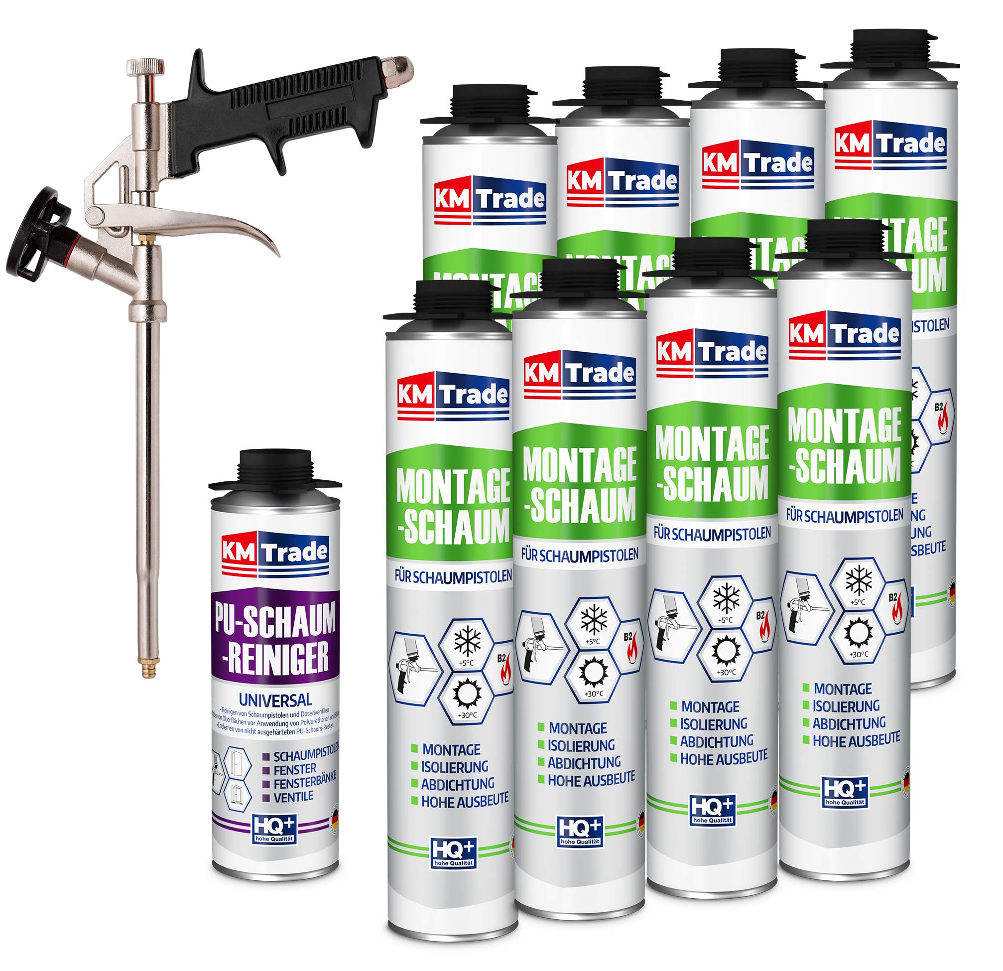 Bauschaum-Set - Inkl. 8x 1K Montageschaum (je 750 ml), 1x Schaum-Pistole & 1x PU-Schaum-Reiniger (500 ml)