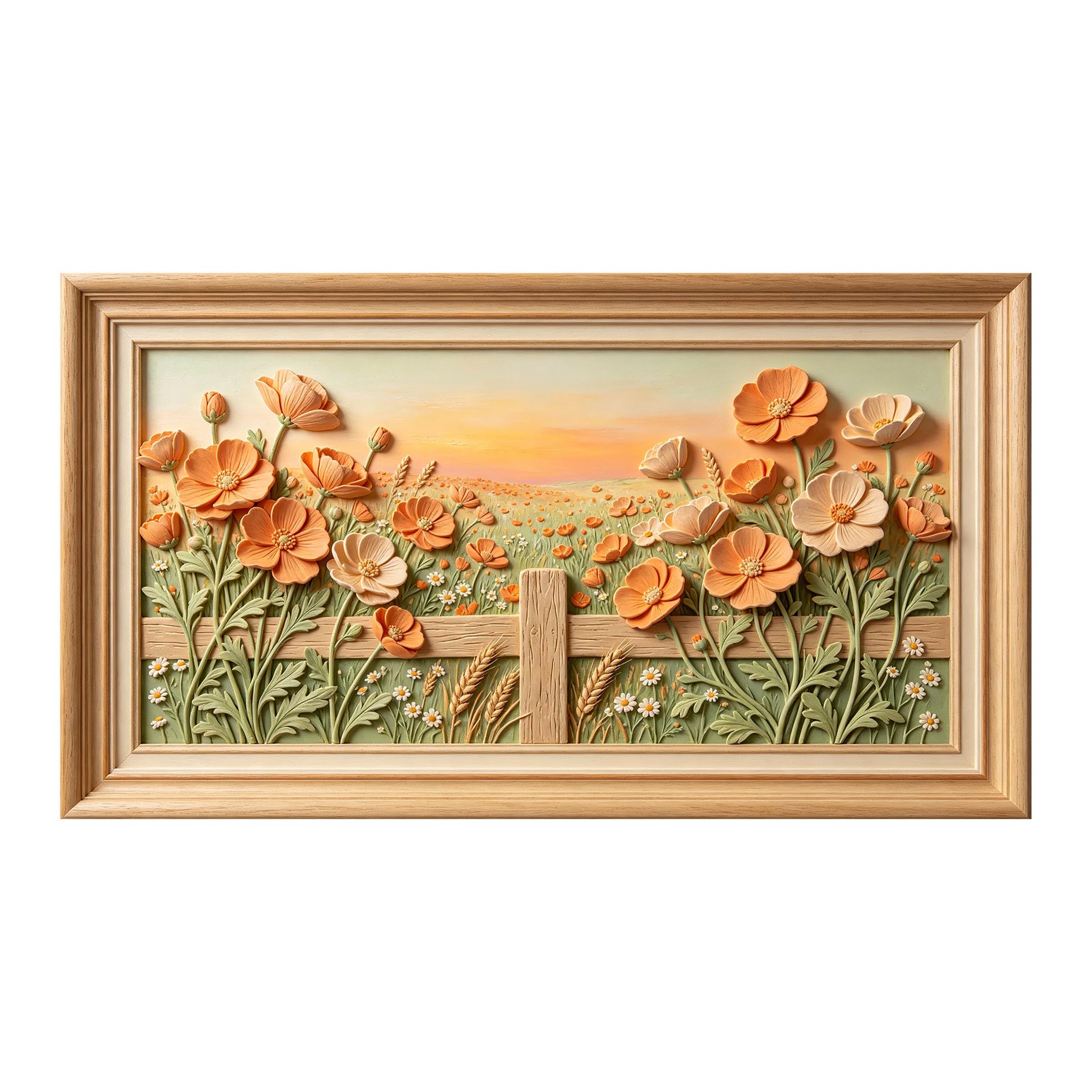 Murasolite 3D Framed Wall Art Pastoral Floral Meadow Relief Effect SelfAdhesive Fabric Mural Wall Decor， Peel and Stick No Damage to Wall， AntiFall Safe Design for Bedroom Living Room
